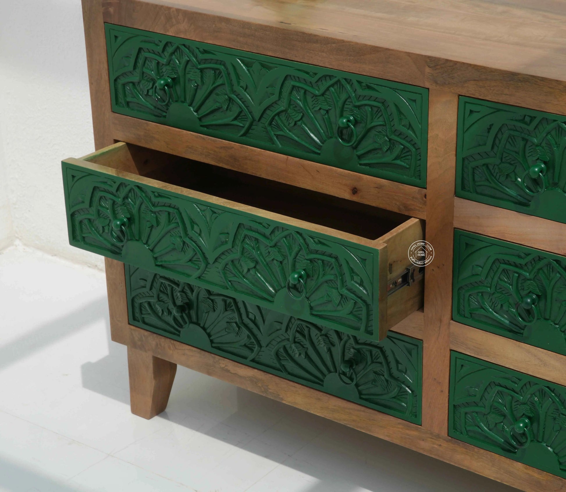 Bearup 6 Drawer Wooden Carved Chest of Drawers – Solid Mango Wood, Natural & Green Finish | Opelhome UAE