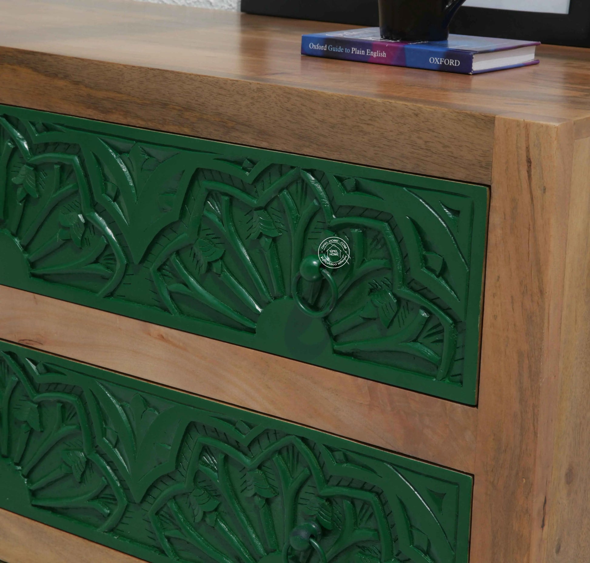 Bearup 6 Drawer Wooden Carved Chest of Drawers – Solid Mango Wood, Natural & Green Finish | Opelhome UAE