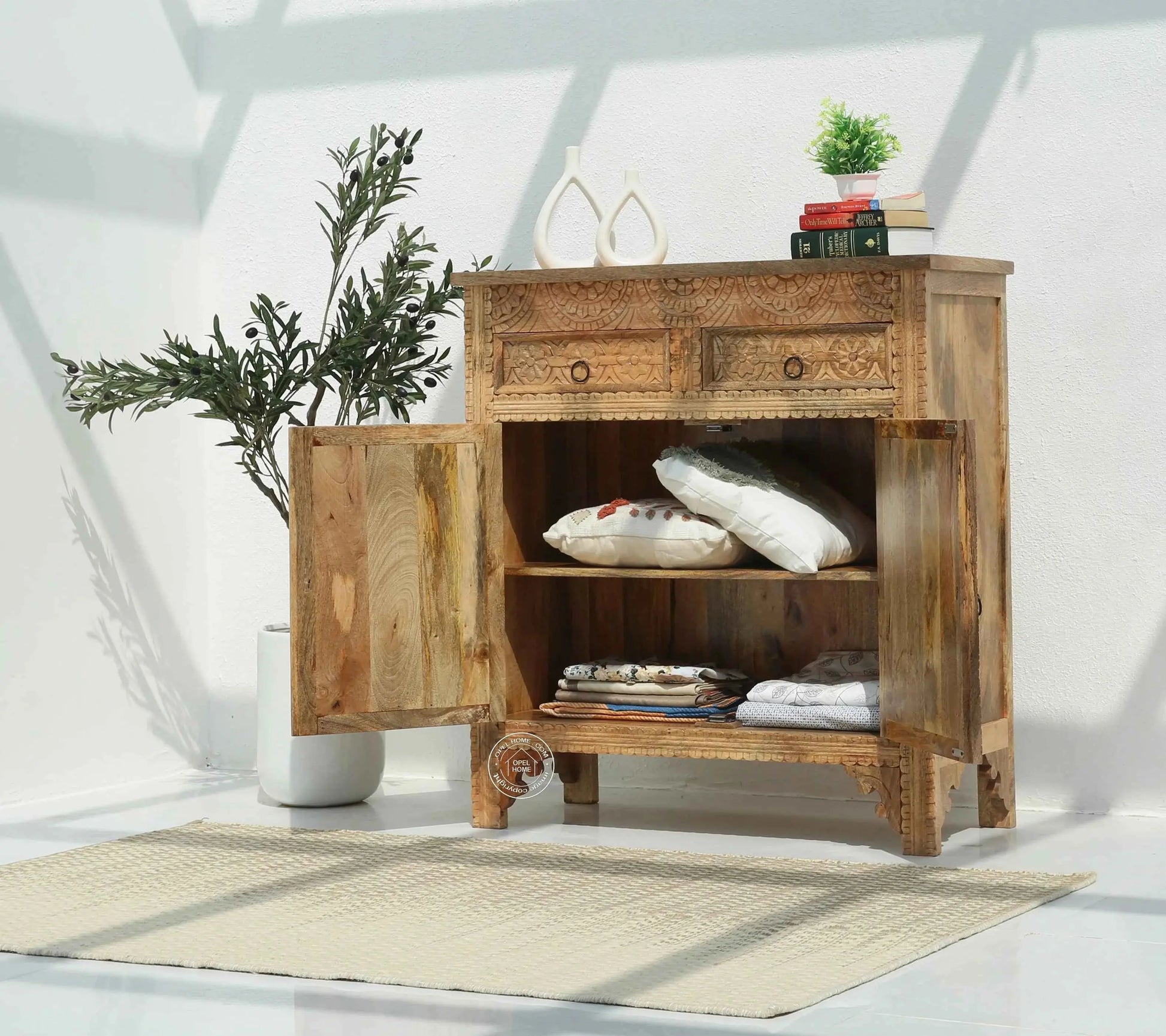 Berry Wooden 2 Door 2 Drawer Cabinet – Solid Mango Wood, Multiple Color Options | Opelhome UAE