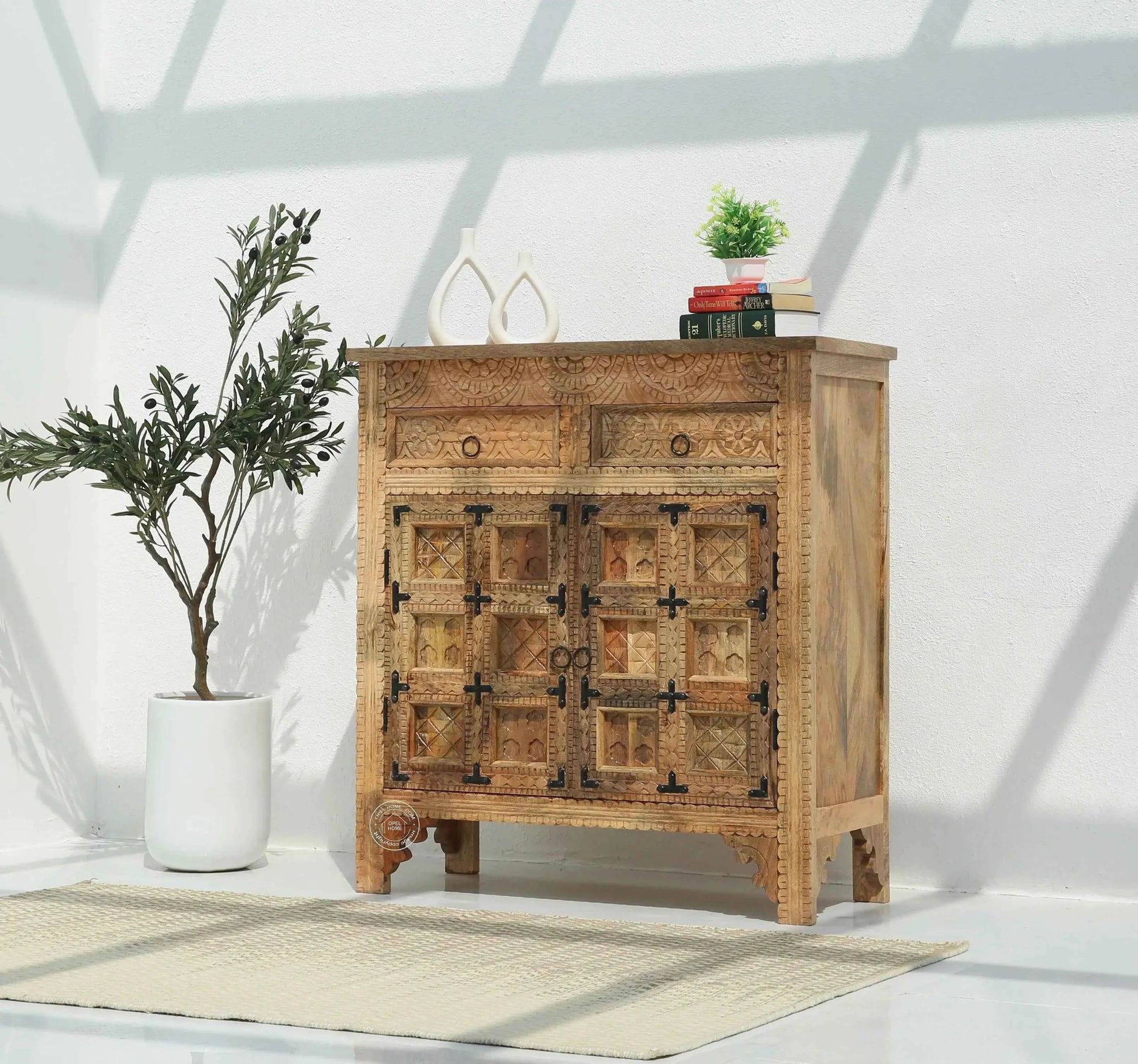 Berry Wooden 2 Door 2 Drawer Cabinet – Solid Mango Wood, Multiple Color Options | Opelhome UAE