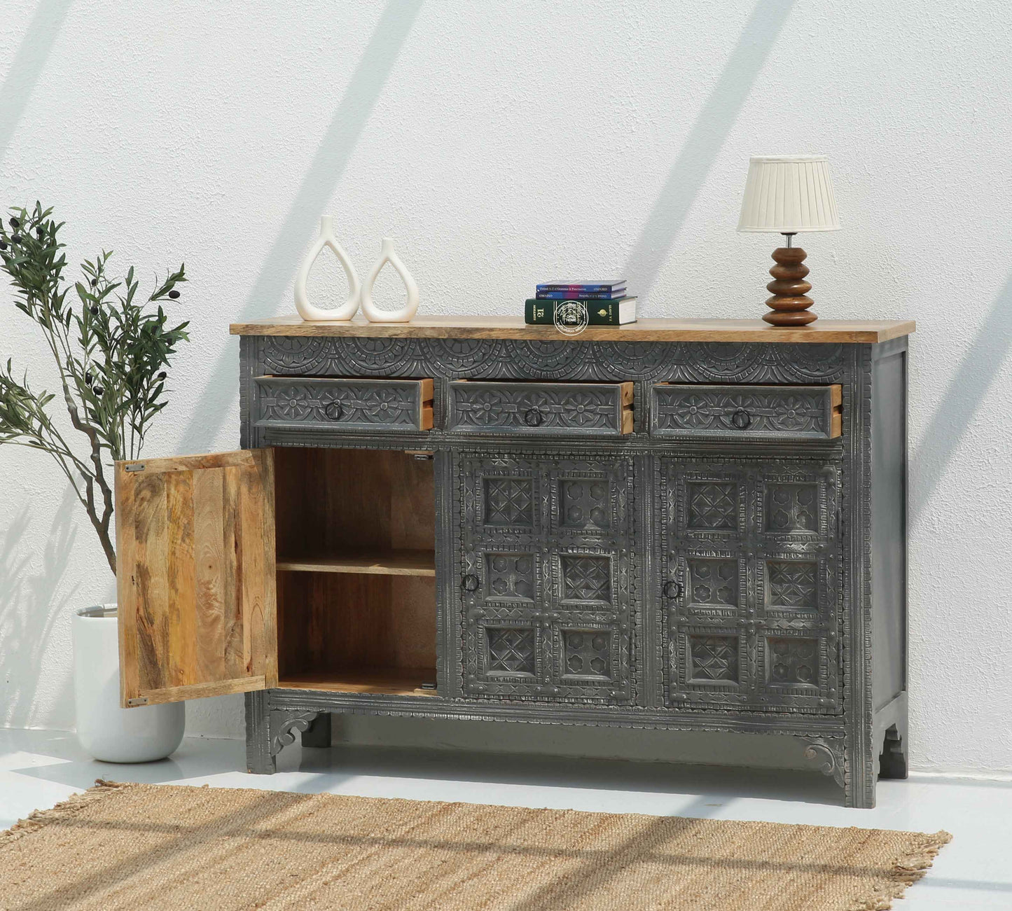 Berry Wooden 3 Door 3 Drawer Sideboard – Solid Mango Wood, Multiple Color Options | Opelhome UAE