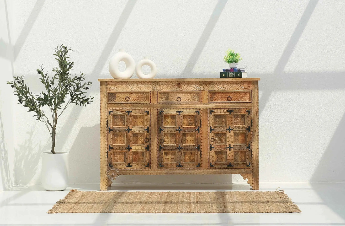 Berry Wooden 3 Door 3 Drawer Sideboard – Solid Mango Wood, Multiple Color Options | Opelhome UAE