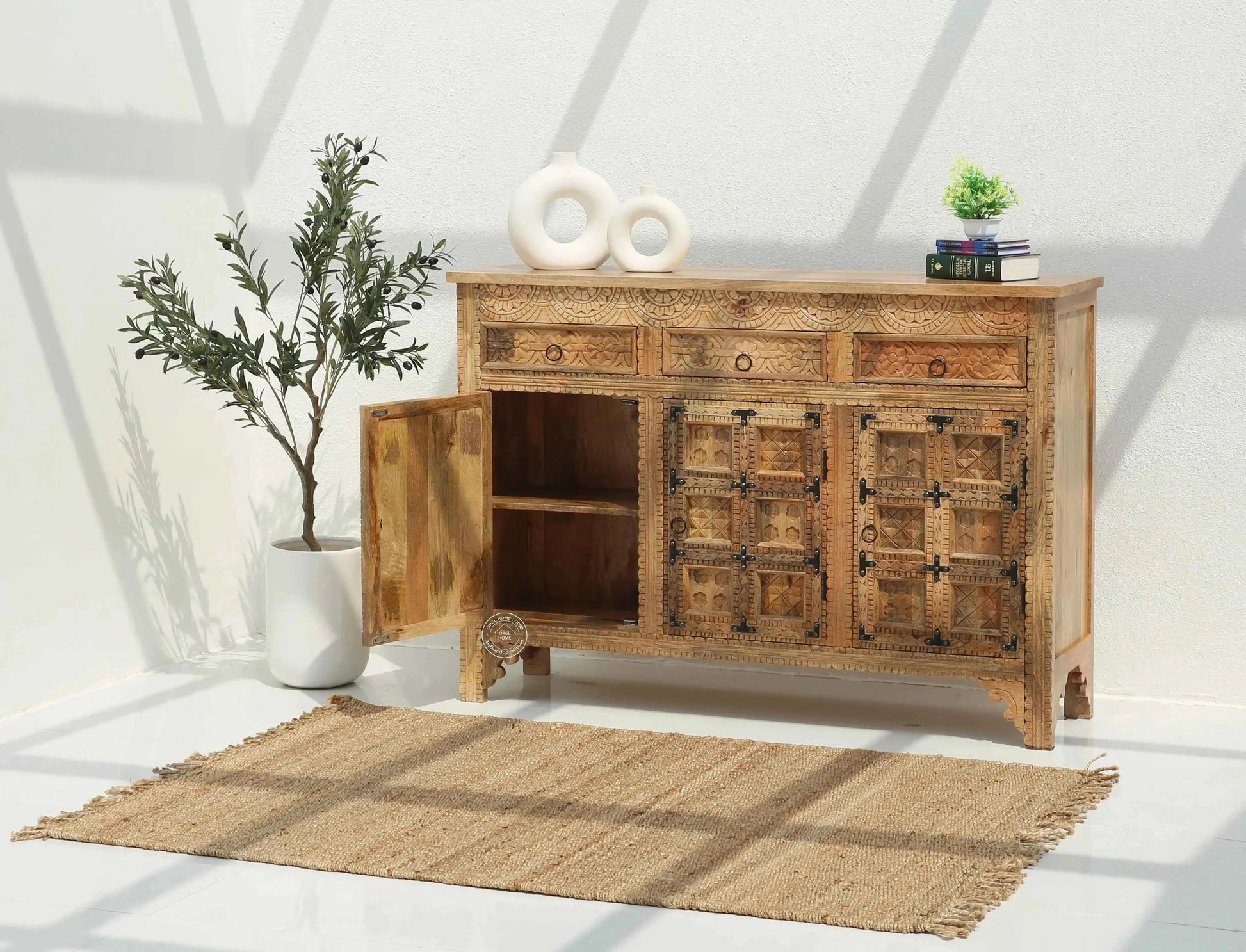 Berry Wooden 3 Door 3 Drawer Sideboard – Solid Mango Wood, Multiple Color Options | Opelhome UAE