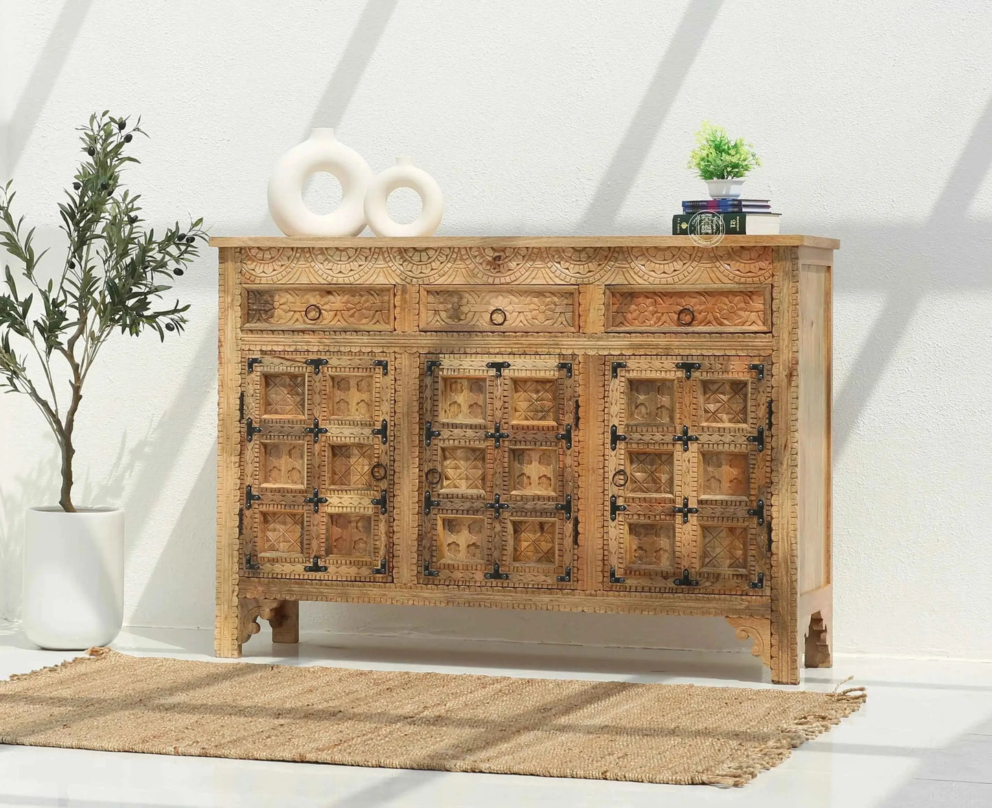 Berry Wooden 3 Door 3 Drawer Sideboard – Solid Mango Wood, Multiple Color Options | Opelhome UAE