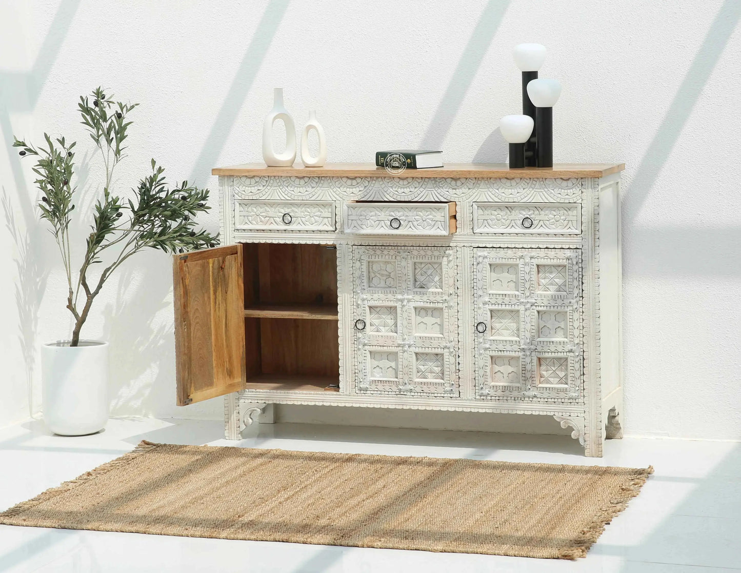 Berry Wooden 3 Door 3 Drawer Sideboard – Solid Mango Wood, Multiple Color Options | Opelhome UAE