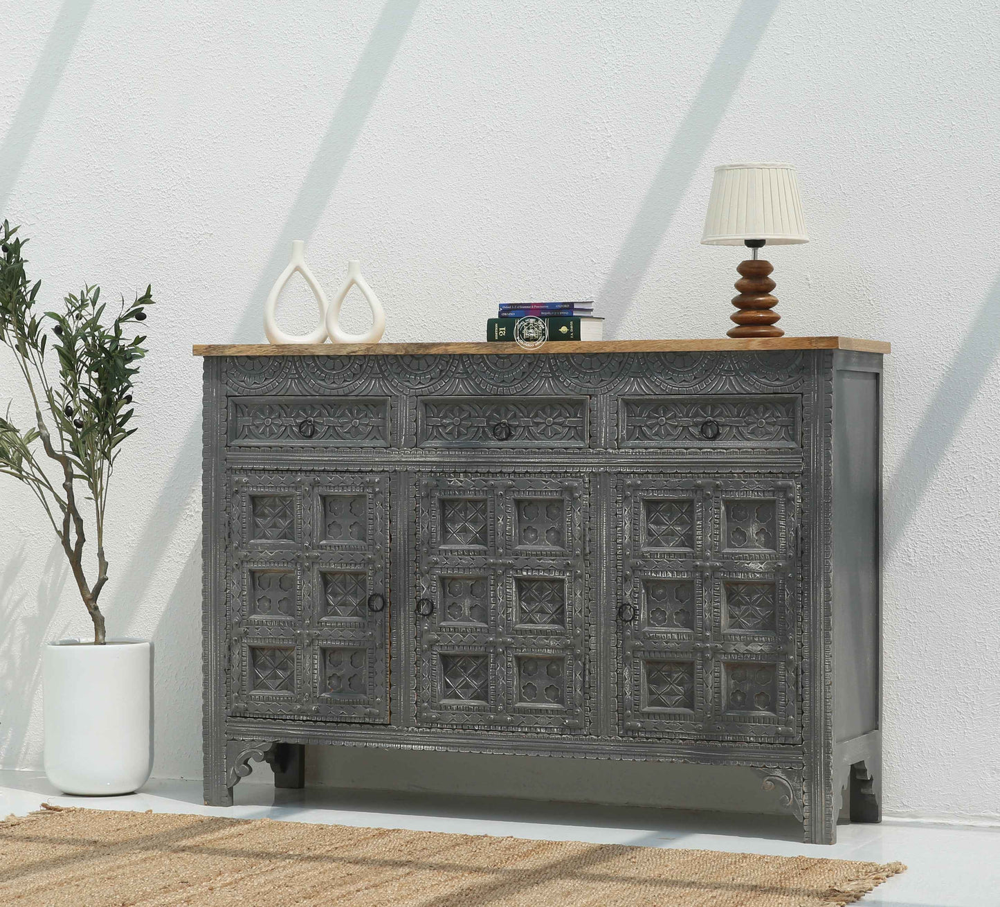 Berry Wooden 3 Door 3 Drawer Sideboard – Solid Mango Wood, Multiple Color Options | Opelhome UAE