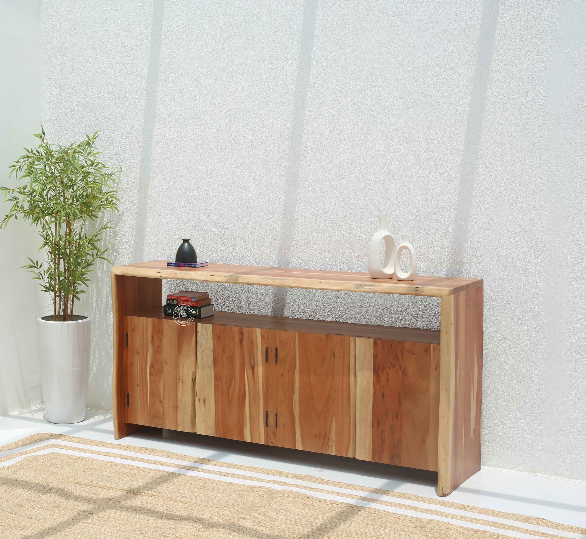 Bold Wooden Sideboard – 4 Doors, Solid Acacia Wood, Natural Finish | Opelhome UAE