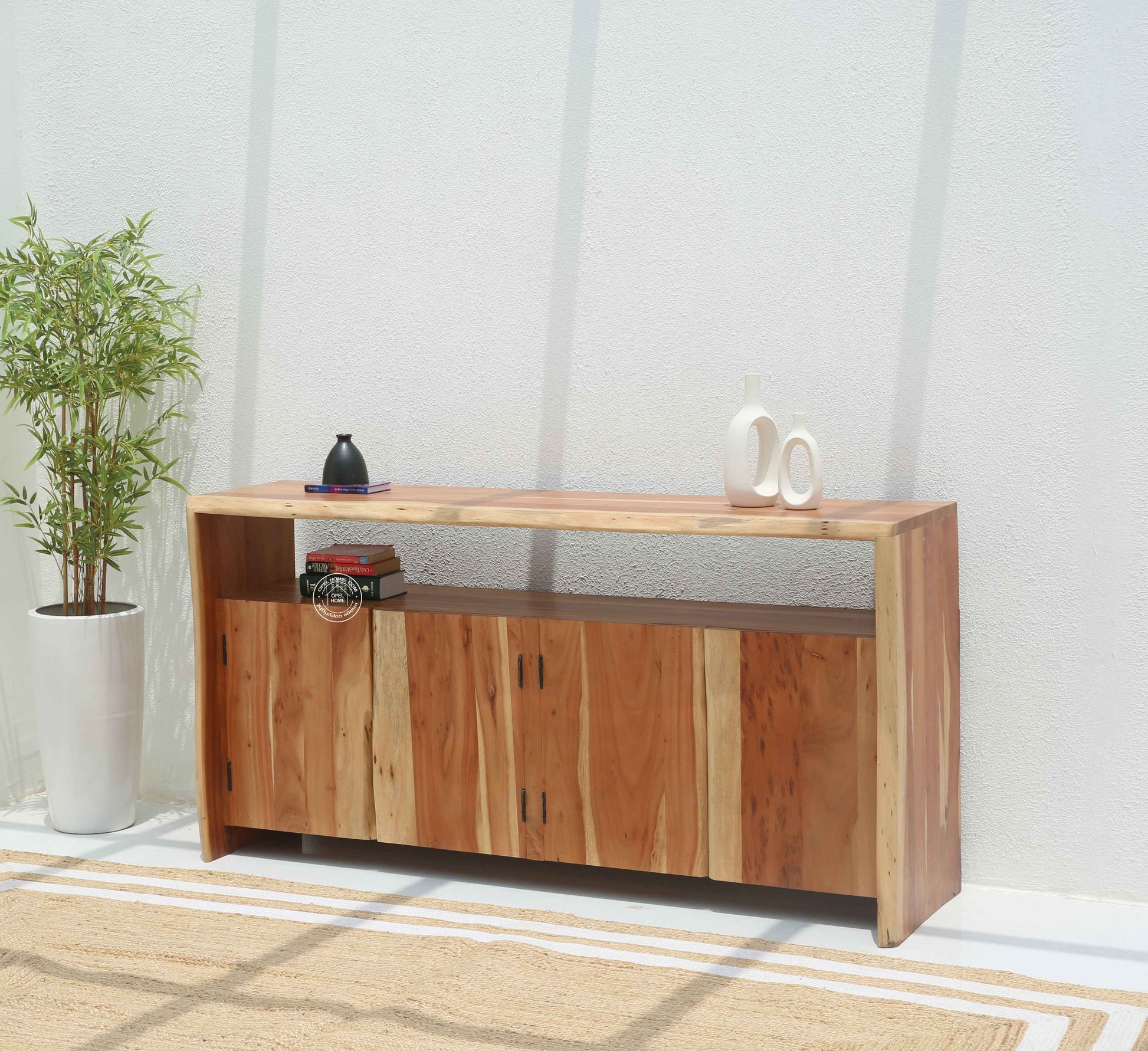Bold Wooden Sideboard – 4 Doors, Solid Acacia Wood, Natural Finish | Opelhome UAE