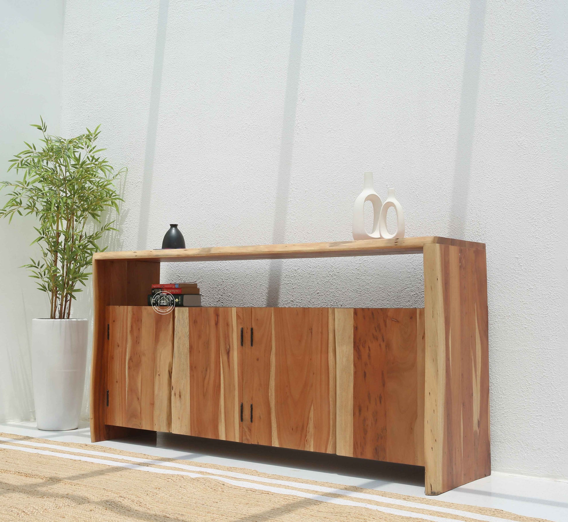 Bold Wooden Sideboard – 4 Doors, Solid Acacia Wood, Natural Finish | Opelhome UAE