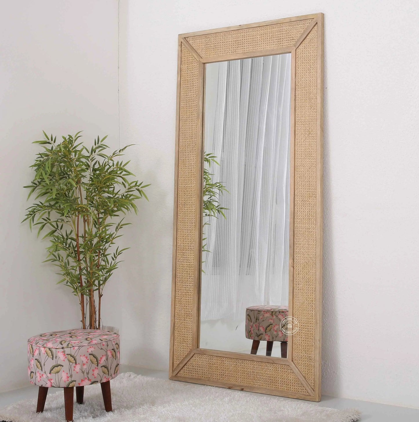 Brave Rattan Wooden Frame Full Length Mirror – Solid Mango Wood, Natural Finish | Opelhome UAE