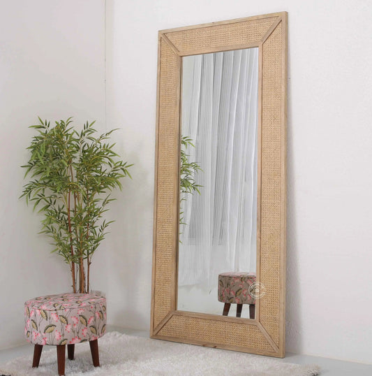 Brave Rattan Wooden Frame Full Length Mirror – Solid Mango Wood, Natural Finish | Opelhome UAE