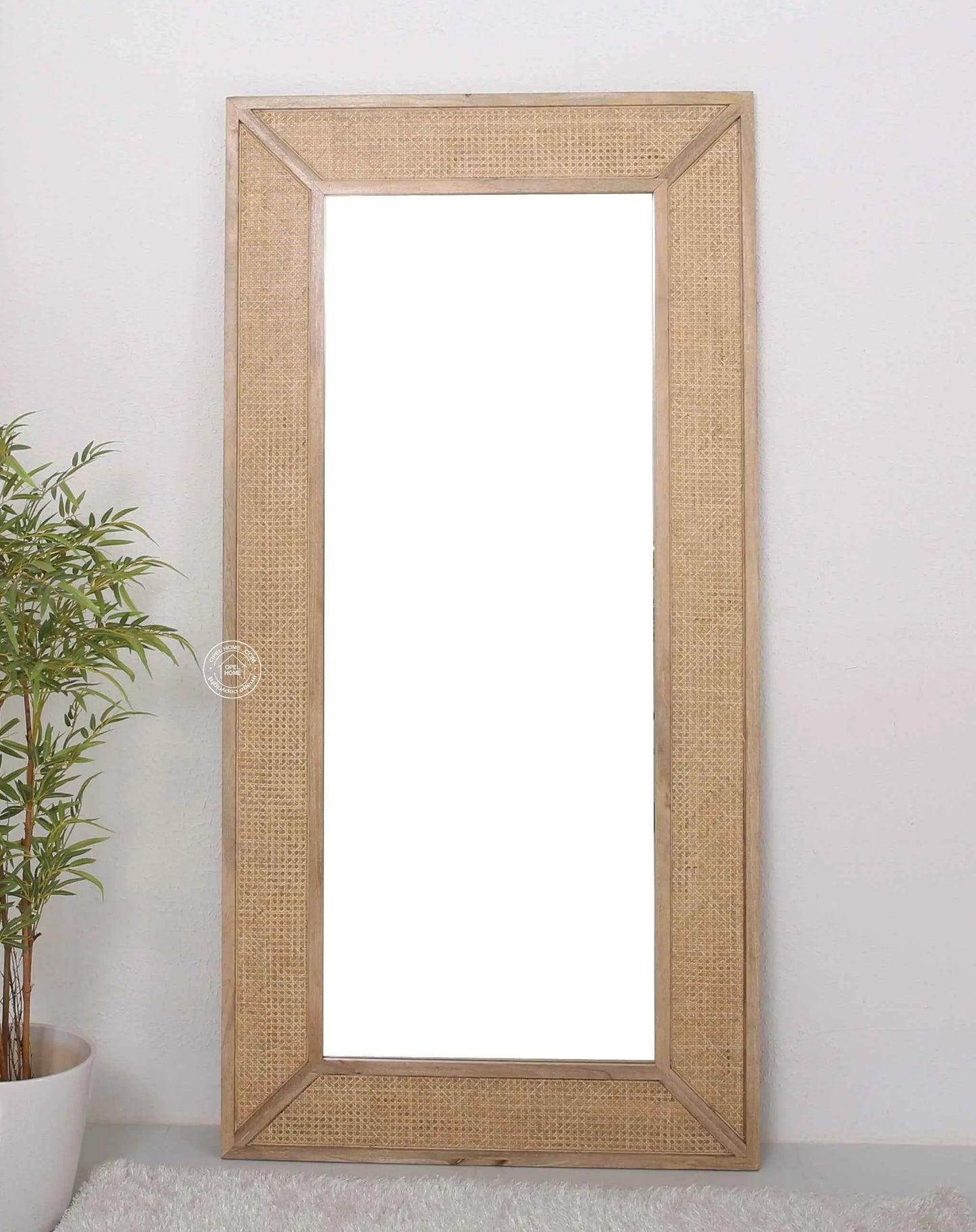 Brave Rattan Wooden Frame Full Length Mirror – Solid Mango Wood, Natural Finish | Opelhome UAE