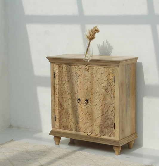 Bray Wooden Carved Sideboard – 4 Doors, Solid Mango Wood, Natural Finish | Opelhome UAE