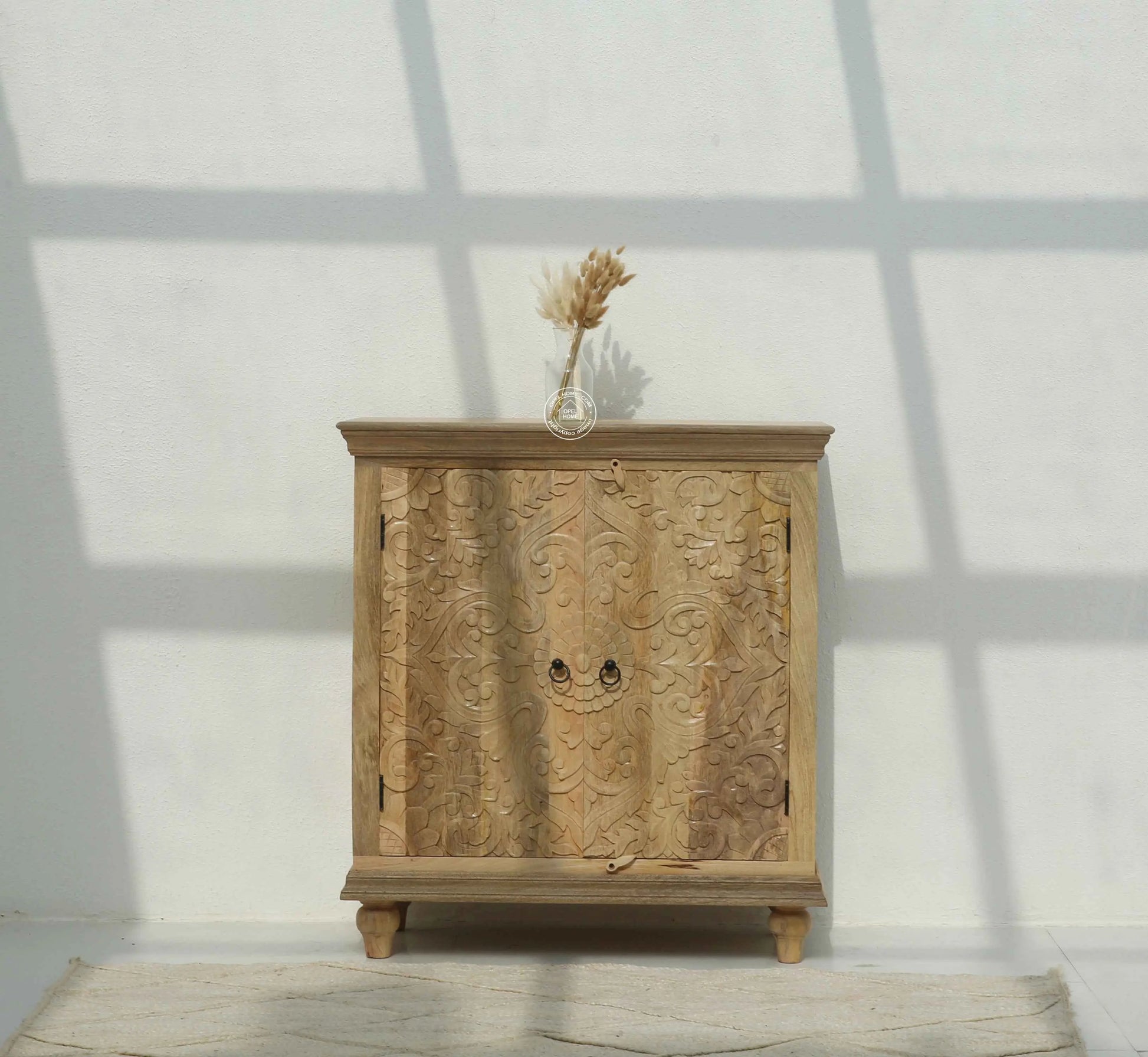 Bray Wooden Carved Sideboard – 4 Doors, Solid Mango Wood, Natural Finish | Opelhome UAE