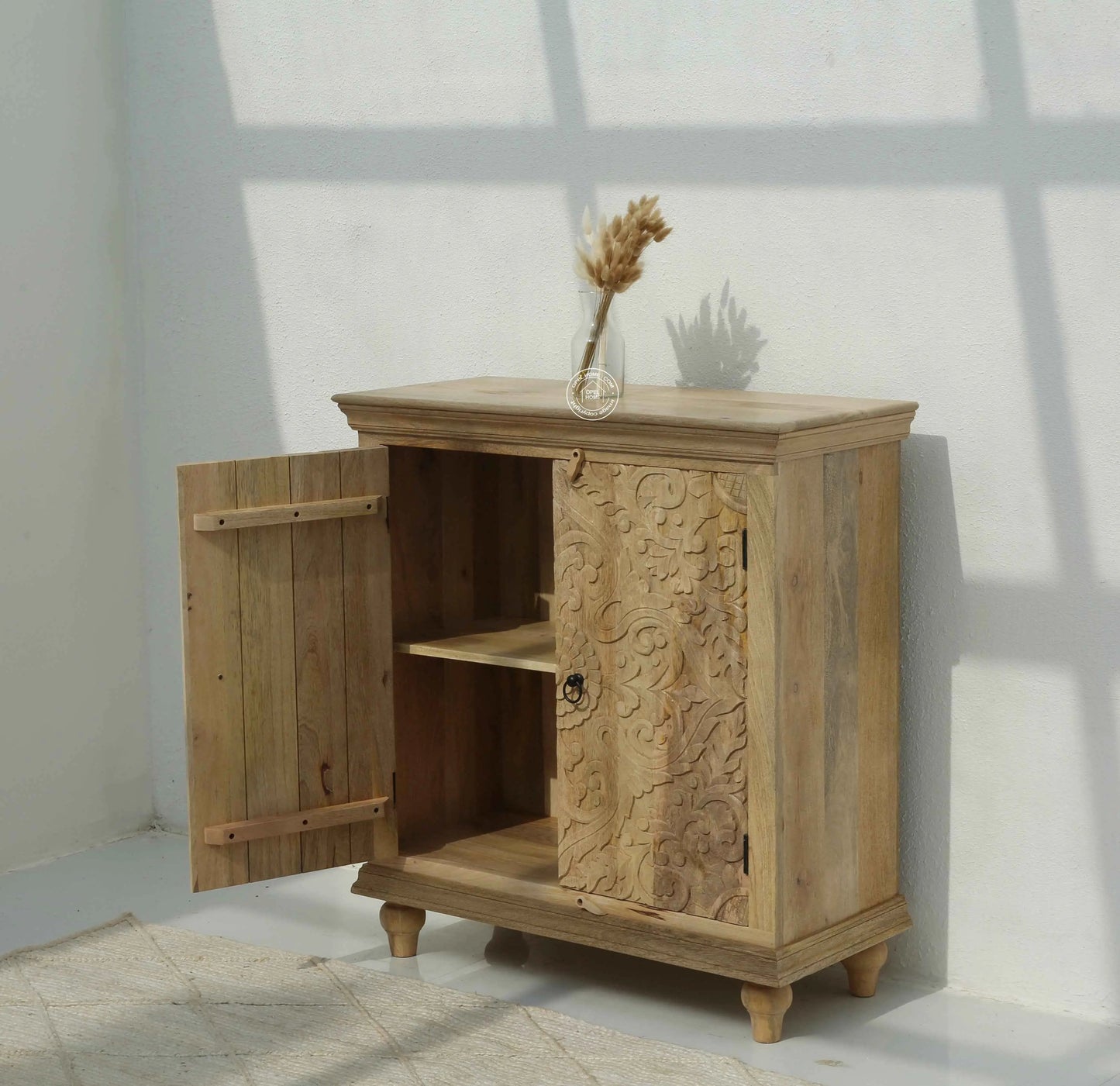 Bray Wooden Carved Sideboard – 4 Doors, Solid Mango Wood, Natural Finish | Opelhome UAE