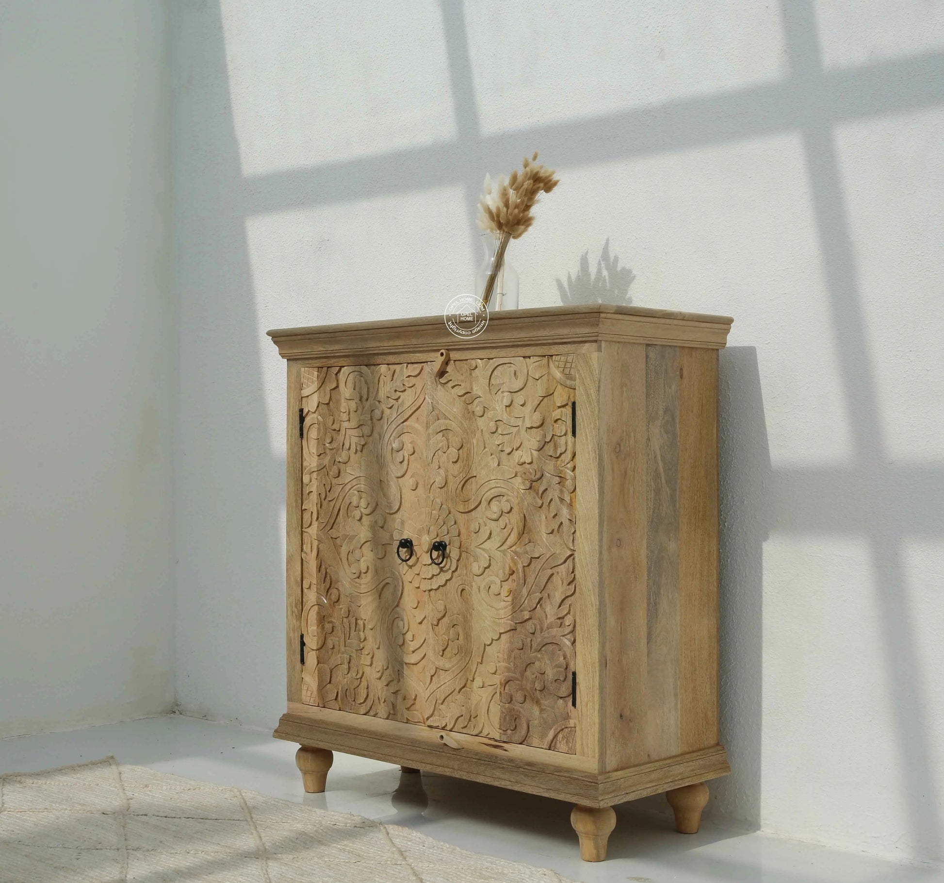 Bray Wooden Carved Sideboard – 4 Doors, Solid Mango Wood, Natural Finish | Opelhome UAE