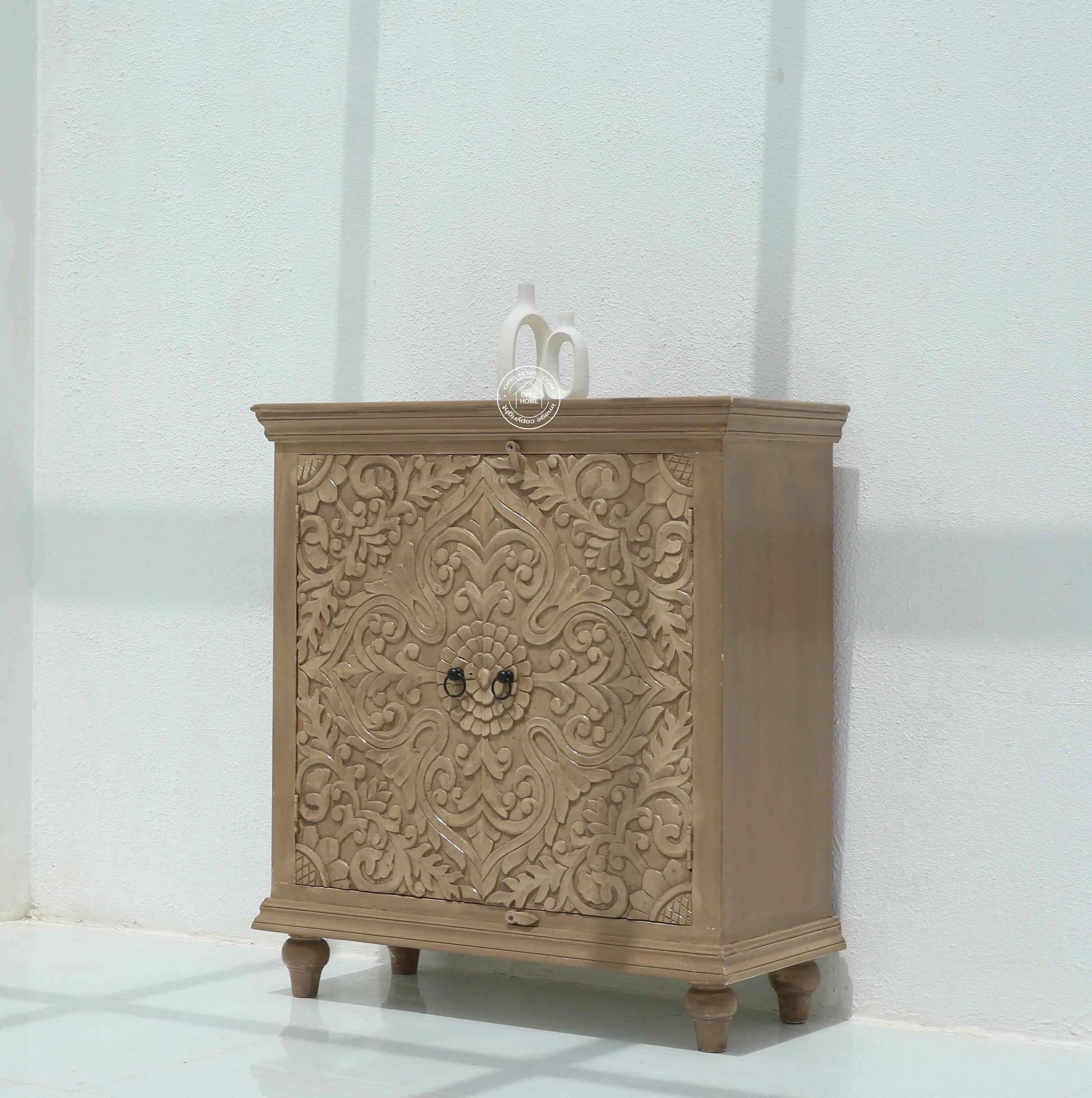 Bray Wooden Carved Sideboard – 4 Doors, Solid Mango Wood, Natural Finish | Opelhome UAE