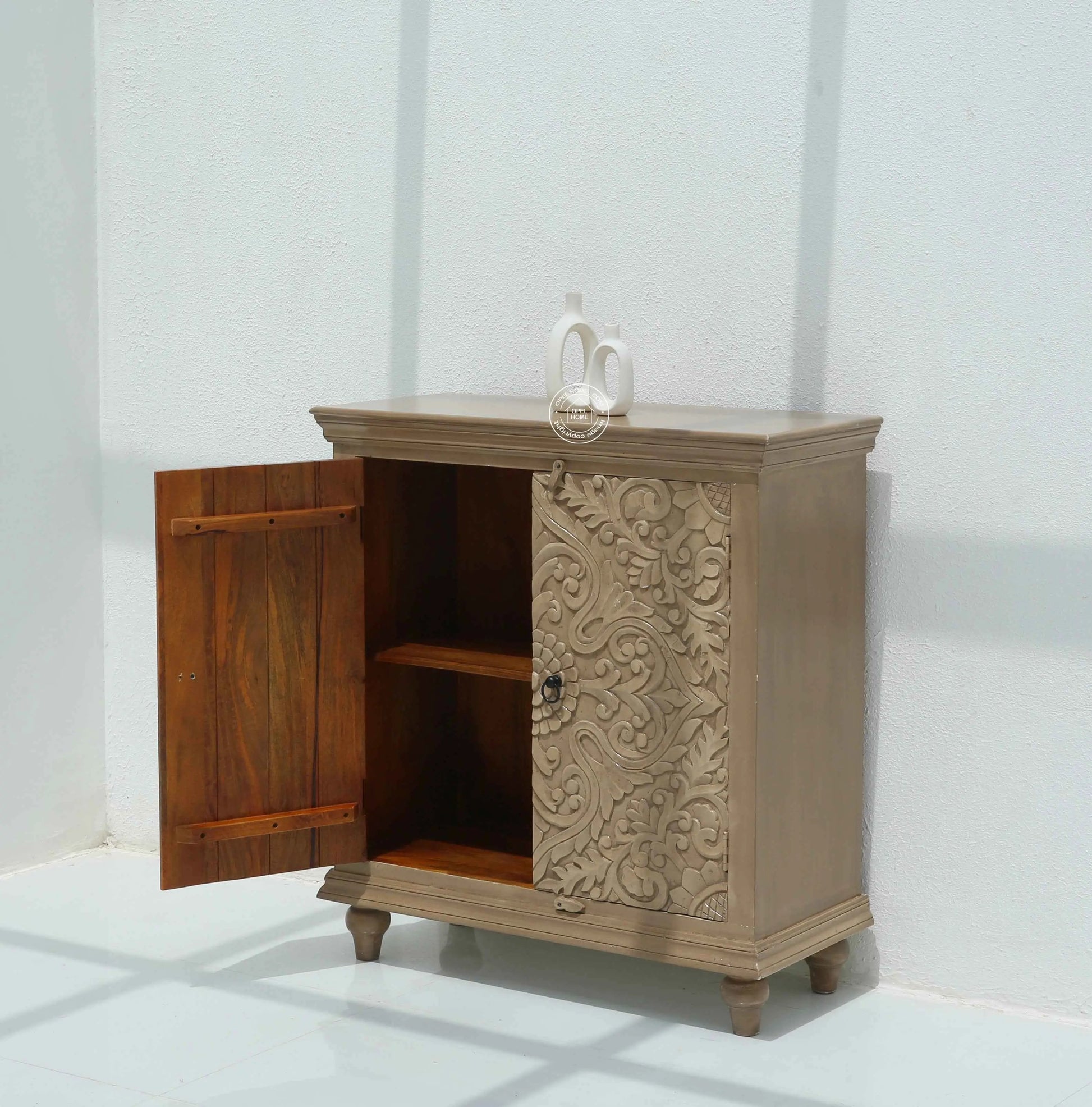 Bray Wooden Carved Sideboard – 4 Doors, Solid Mango Wood, Natural Finish | Opelhome UAE