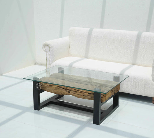 Brigett Railway Wood with Glass Top Coffee Table