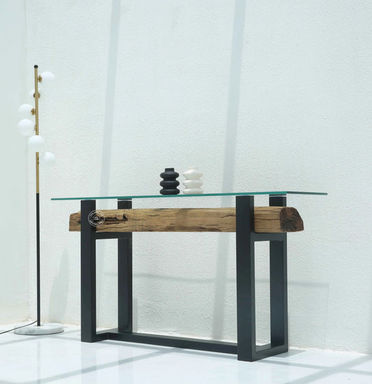 Brigett Railway Wood Console Table With Glass Top – Solid Railway Wood, Natural Finish | Opelhome UAE