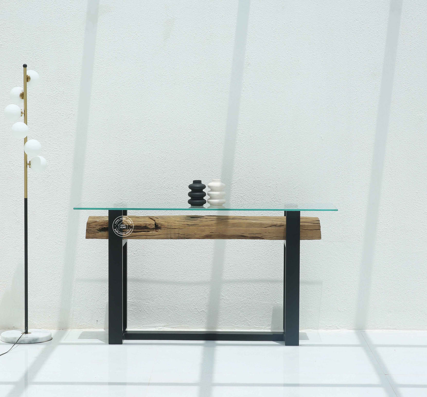 Brigett Railway Wood Console Table With Glass Top – Solid Railway Wood, Natural Finish | Opelhome UAE