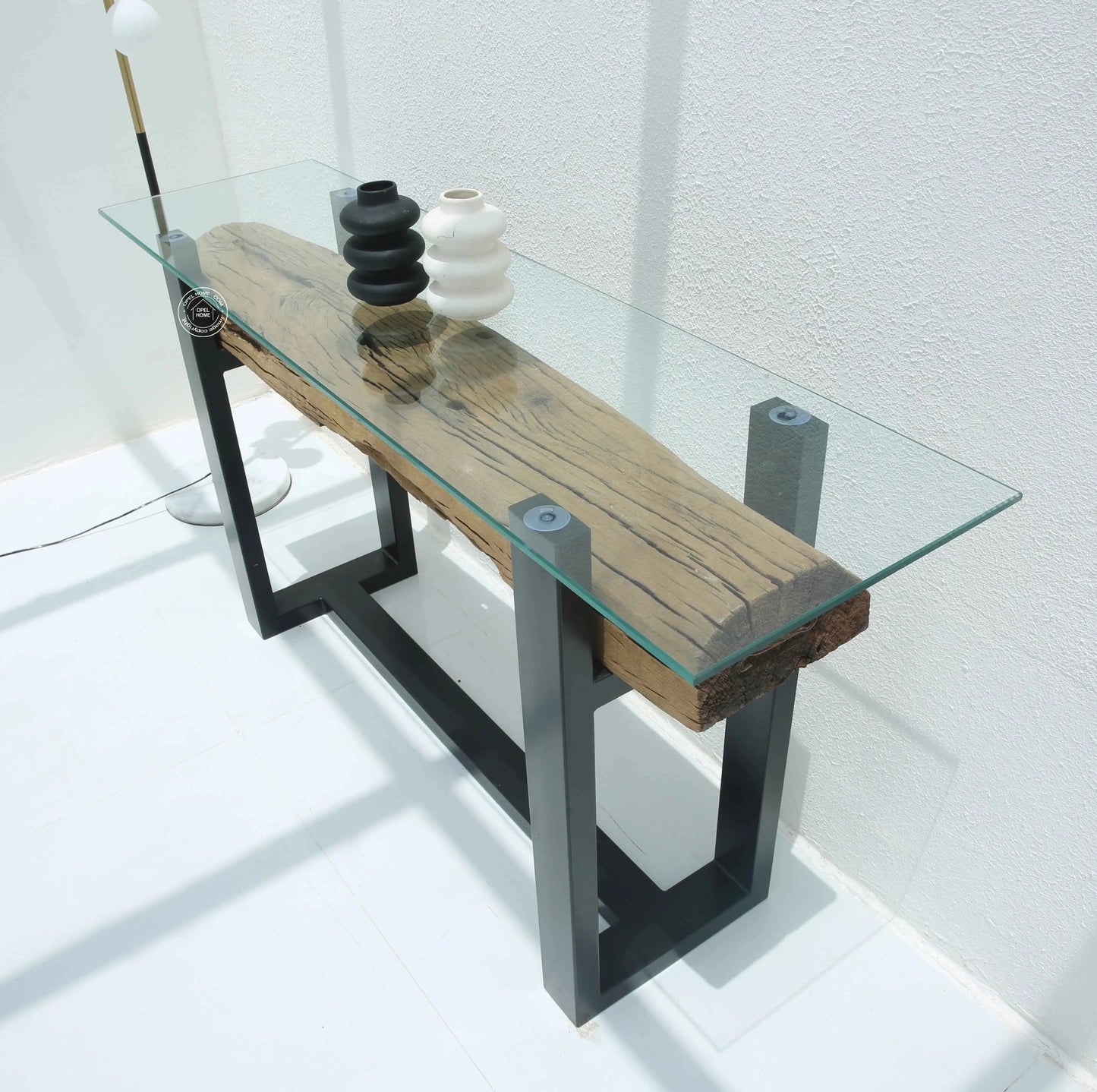 Brigett Railway Wood Console Table With Glass Top – Solid Railway Wood, Natural Finish | Opelhome UAE