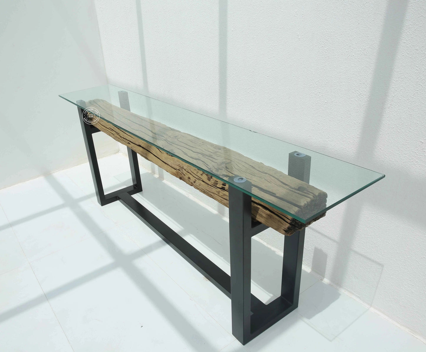 Brigett Railway Wood Console Table With Glass Top – Solid Railway Wood, Natural Finish | Opelhome UAE