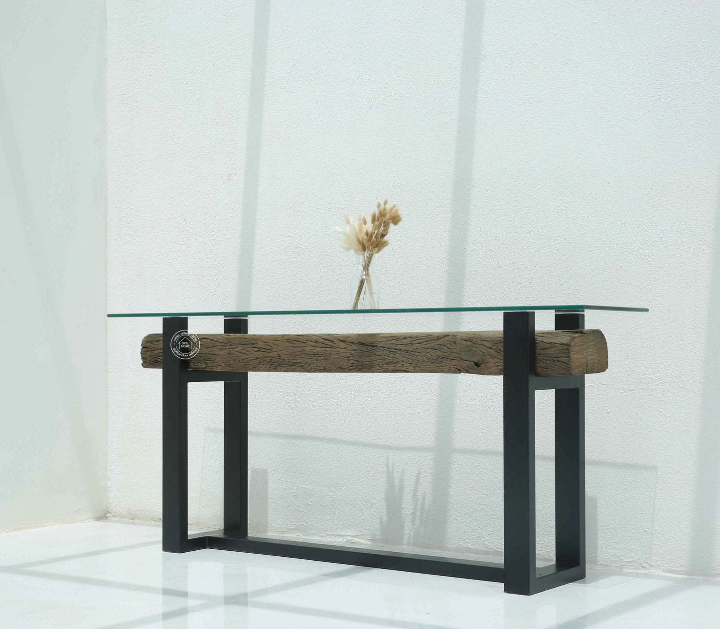Brigett Railway Wood Console Table With Glass Top – Solid Railway Wood, Natural Finish | Opelhome UAE