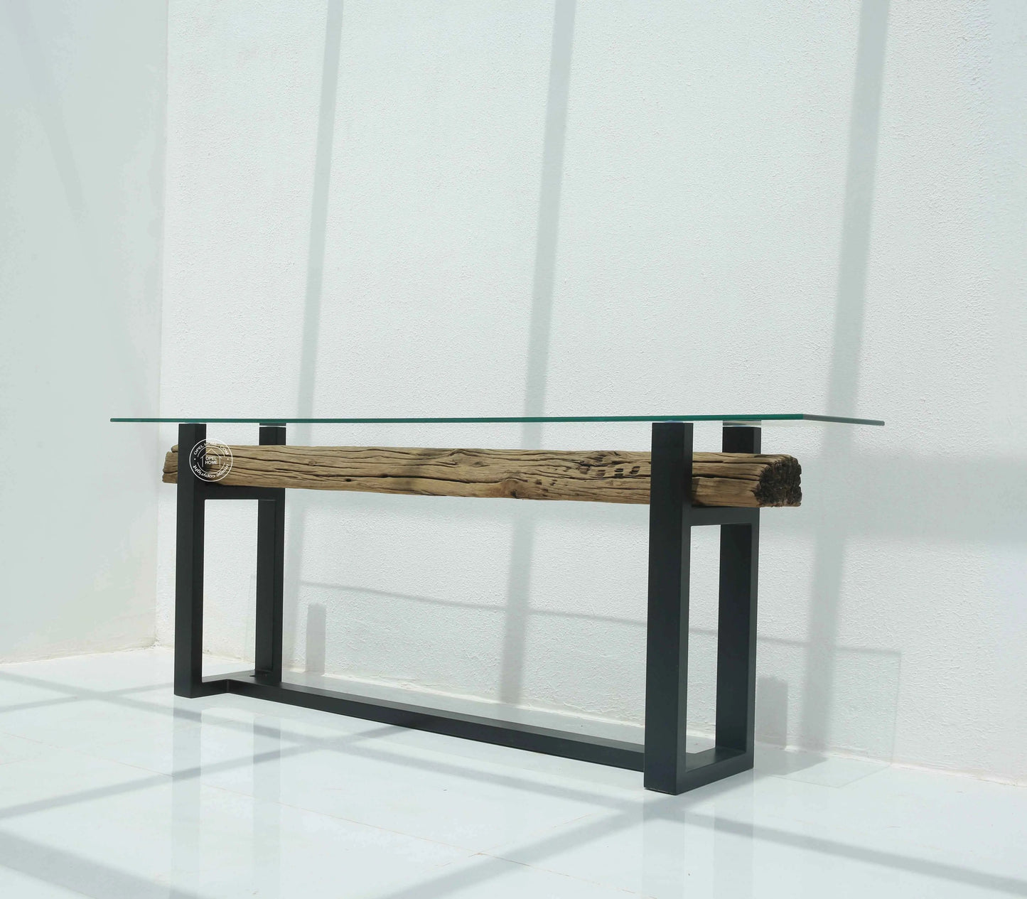Brigett Railway Wood Console Table With Glass Top – Solid Railway Wood, Natural Finish | Opelhome UAE