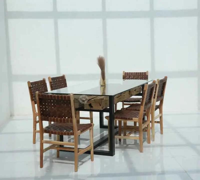 Brigett Railway Wood Dining Table with Glass Top – Multiple Sizes (Only Table) | Opelhome UAE