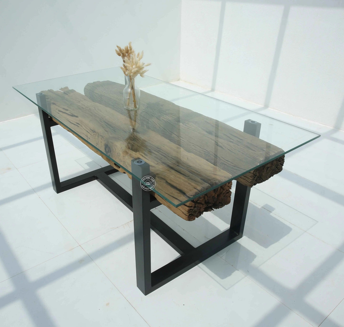 Brigett Railway Wood Dining Table with Glass Top – Multiple Sizes (Only Table) | Opelhome UAE