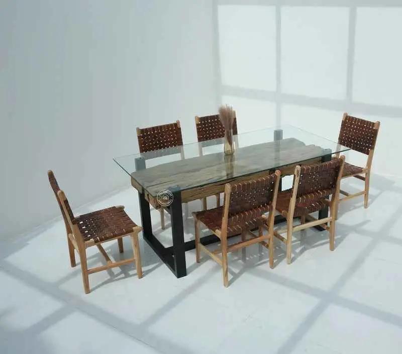 Brigett Railway Wood Dining Table with Glass Top – Multiple Sizes (Only Table) | Opelhome UAE