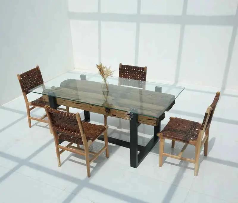 Brigett Railway Wood Dining Table with Glass Top – Multiple Sizes (Only Table) | Opelhome UAE
