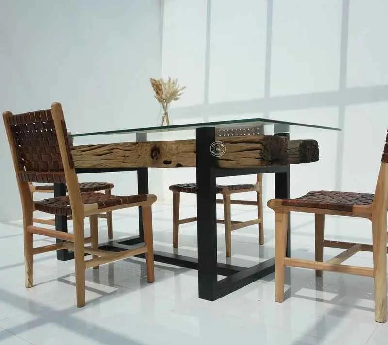 Brigett Railway Wood Dining Table with Glass Top – Multiple Sizes (Only Table) | Opelhome UAE