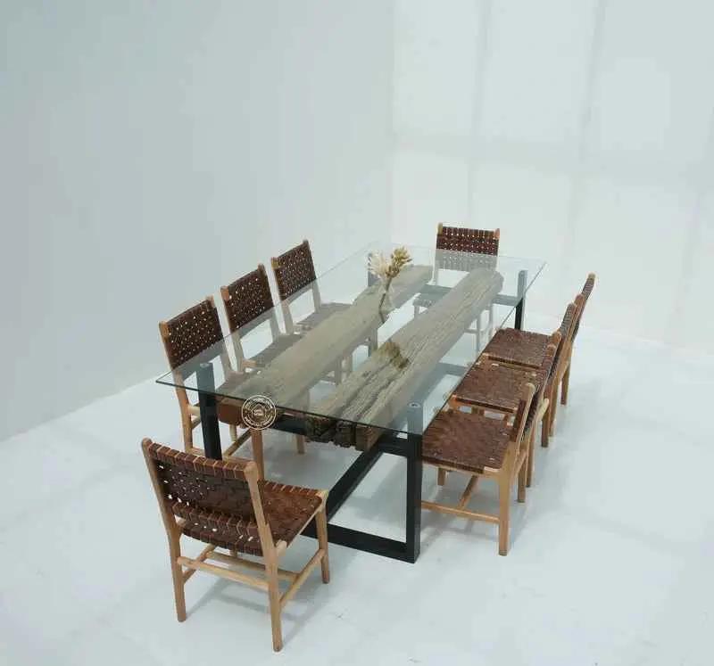 Brigett Railway Wood Dining Table with Glass Top – Multiple Sizes (Only Table) | Opelhome UAE