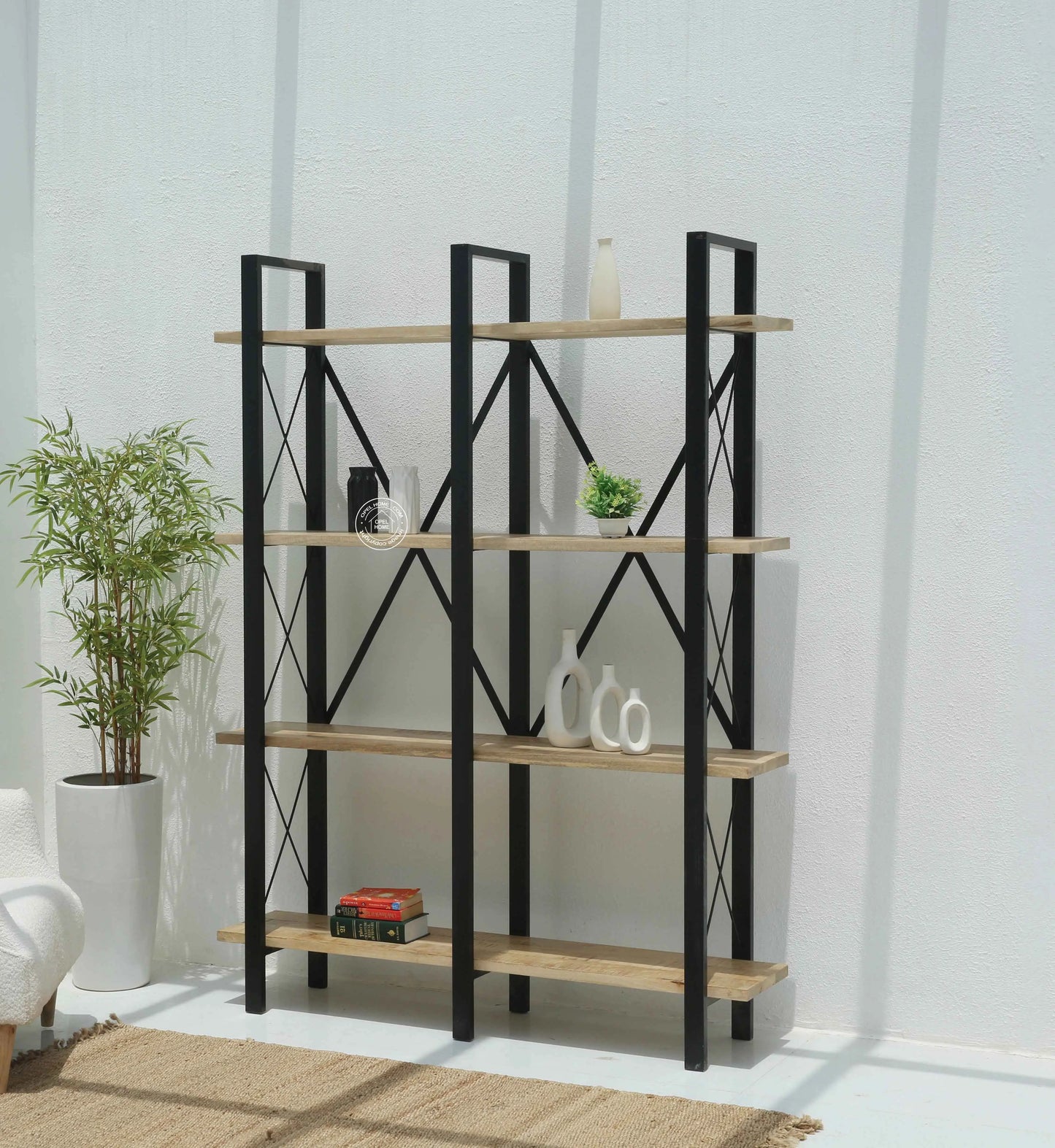 Brogan Industrial Bookshelves – Solid Mango Wood & Iron, Natural Finish, 150 cm Tall | Opelhome UAE