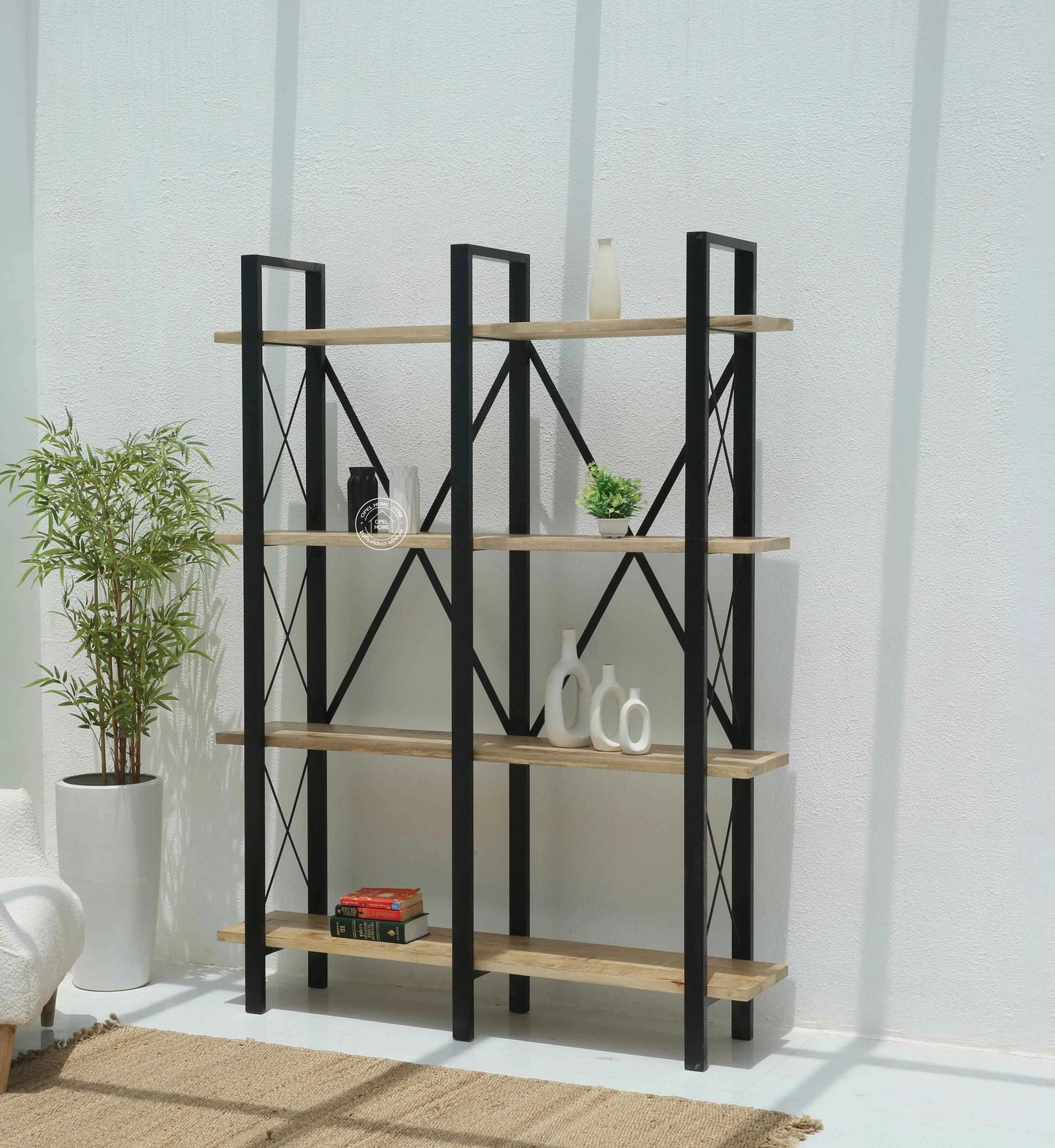 Brogan Industrial Bookshelves – Solid Mango Wood & Iron, Natural Finish, 150 cm Tall | Opelhome UAE