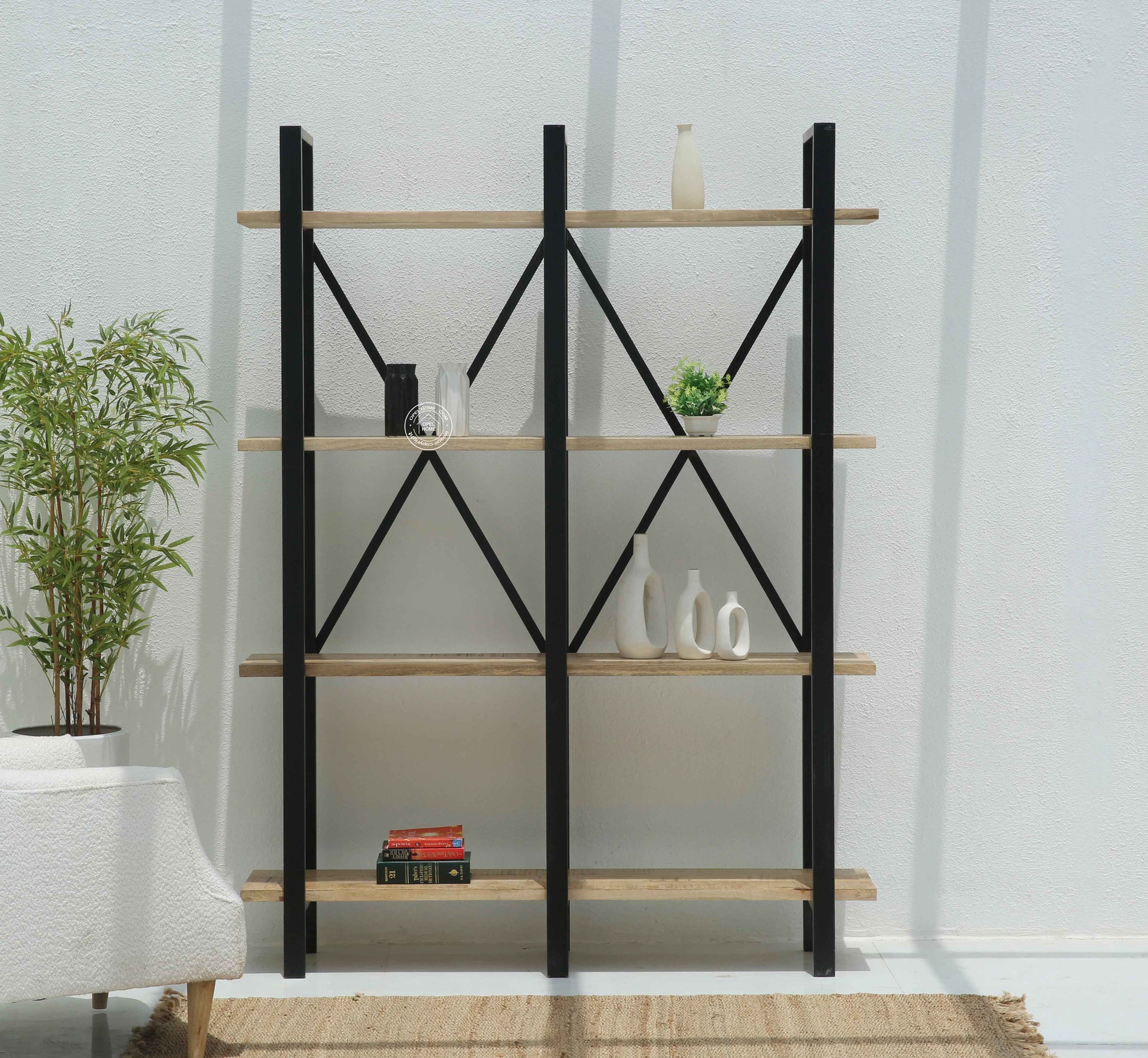 Brogan Industrial Bookshelves – Solid Mango Wood & Iron, Natural Finish, 150 cm Tall | Opelhome UAE