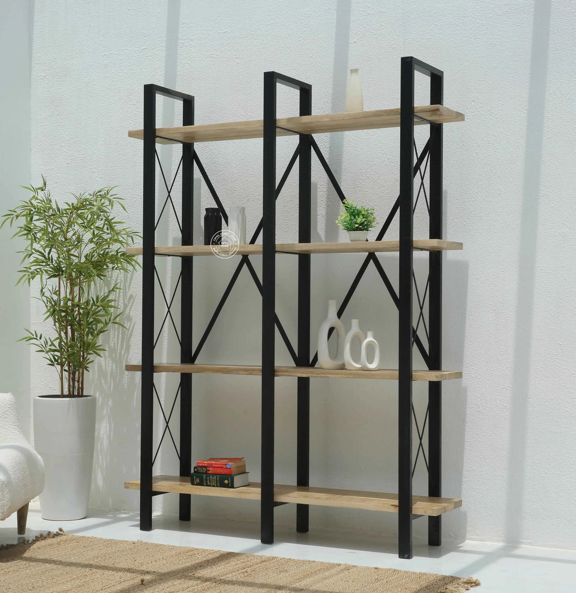 Brogan Industrial Bookshelves – Solid Mango Wood & Iron, Natural Finish, 150 cm Tall | Opelhome UAE