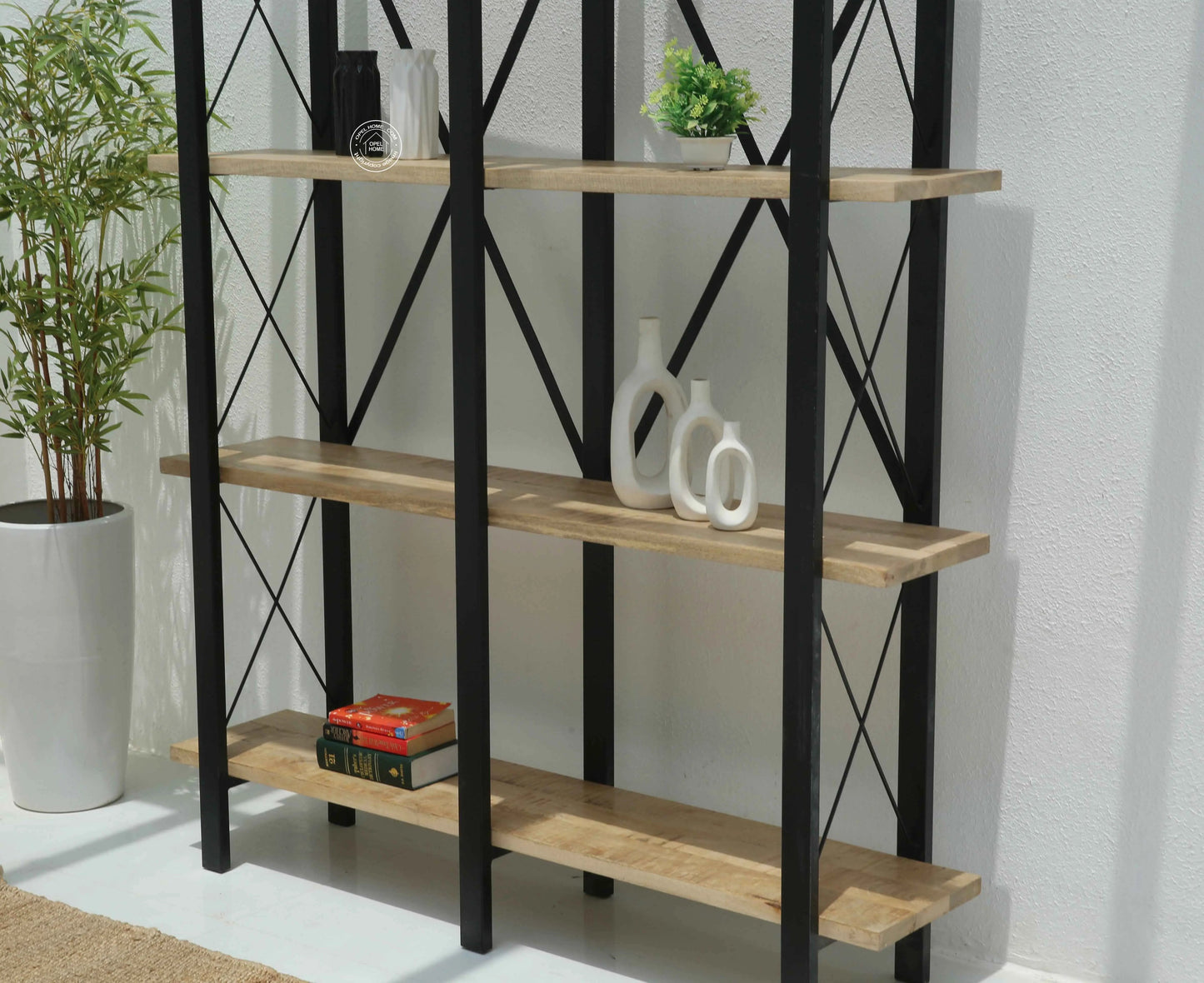 Brogan Industrial Bookshelves – Solid Mango Wood & Iron, Natural Finish, 150 cm Tall | Opelhome UAE