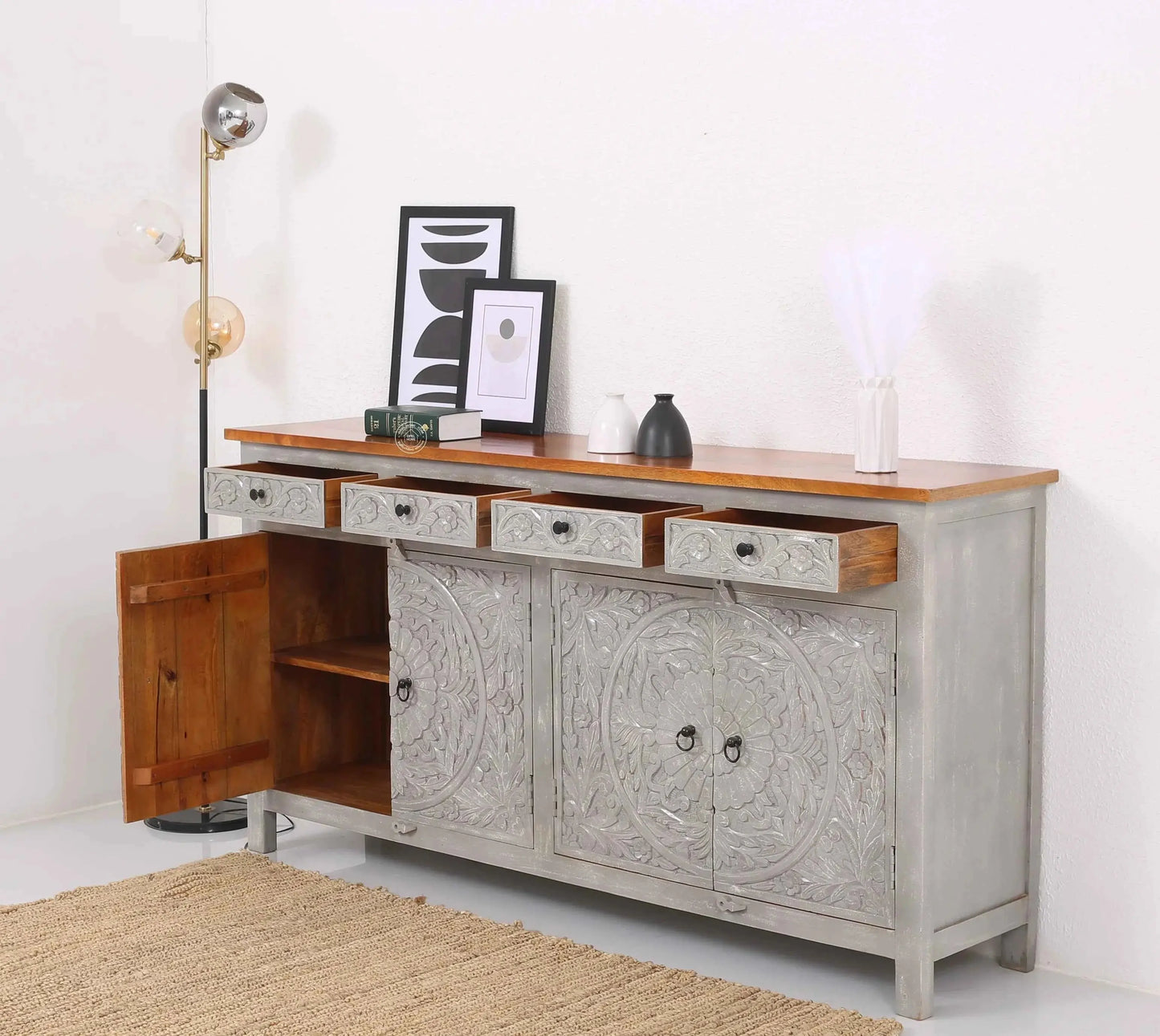 Bunny wooden 4 door 4 drawer carved Sideboard (Multiple Colors Options)