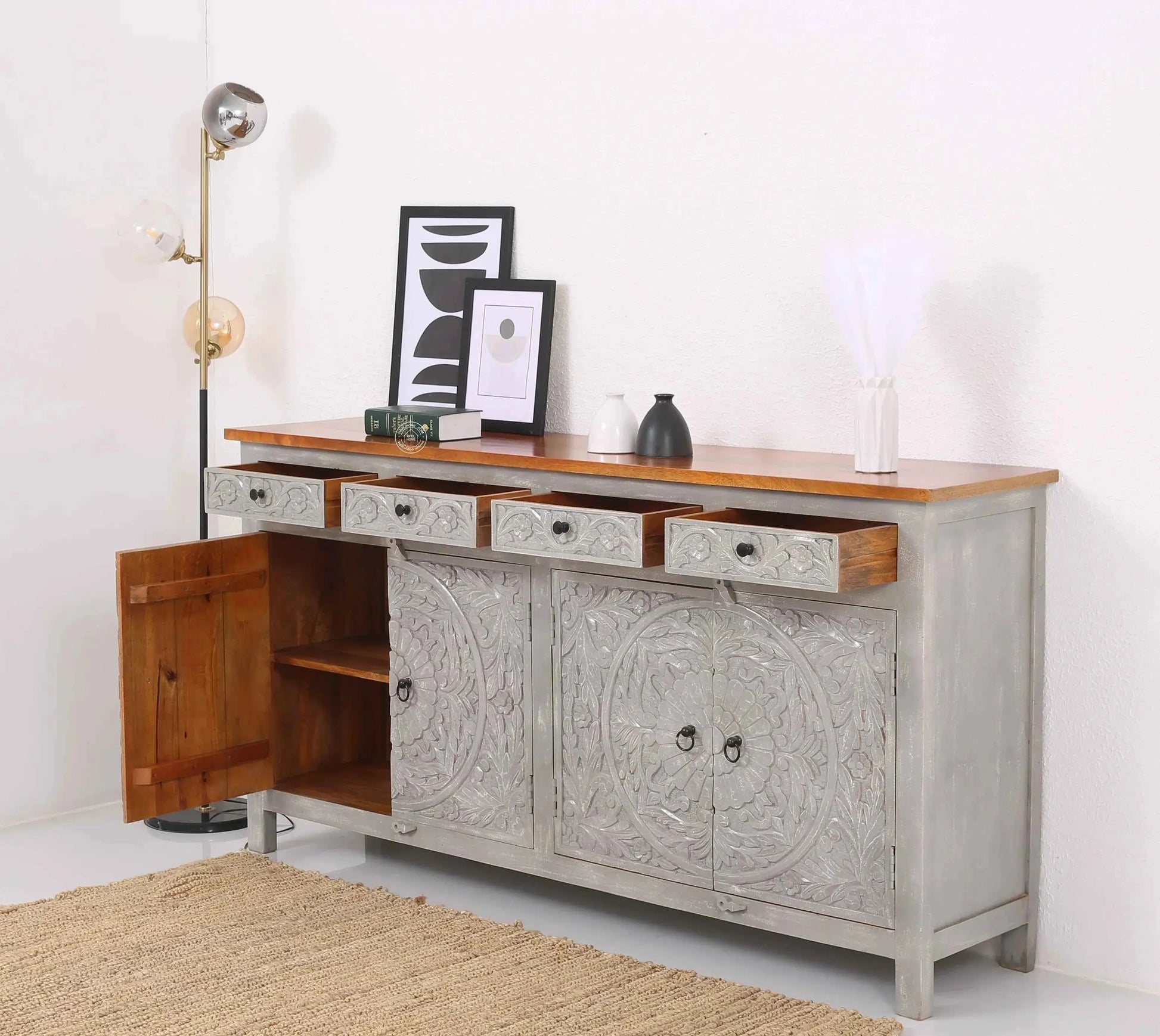 Bunny wooden 4 door 4 drawer carved Sideboard (Multiple Colors Options)