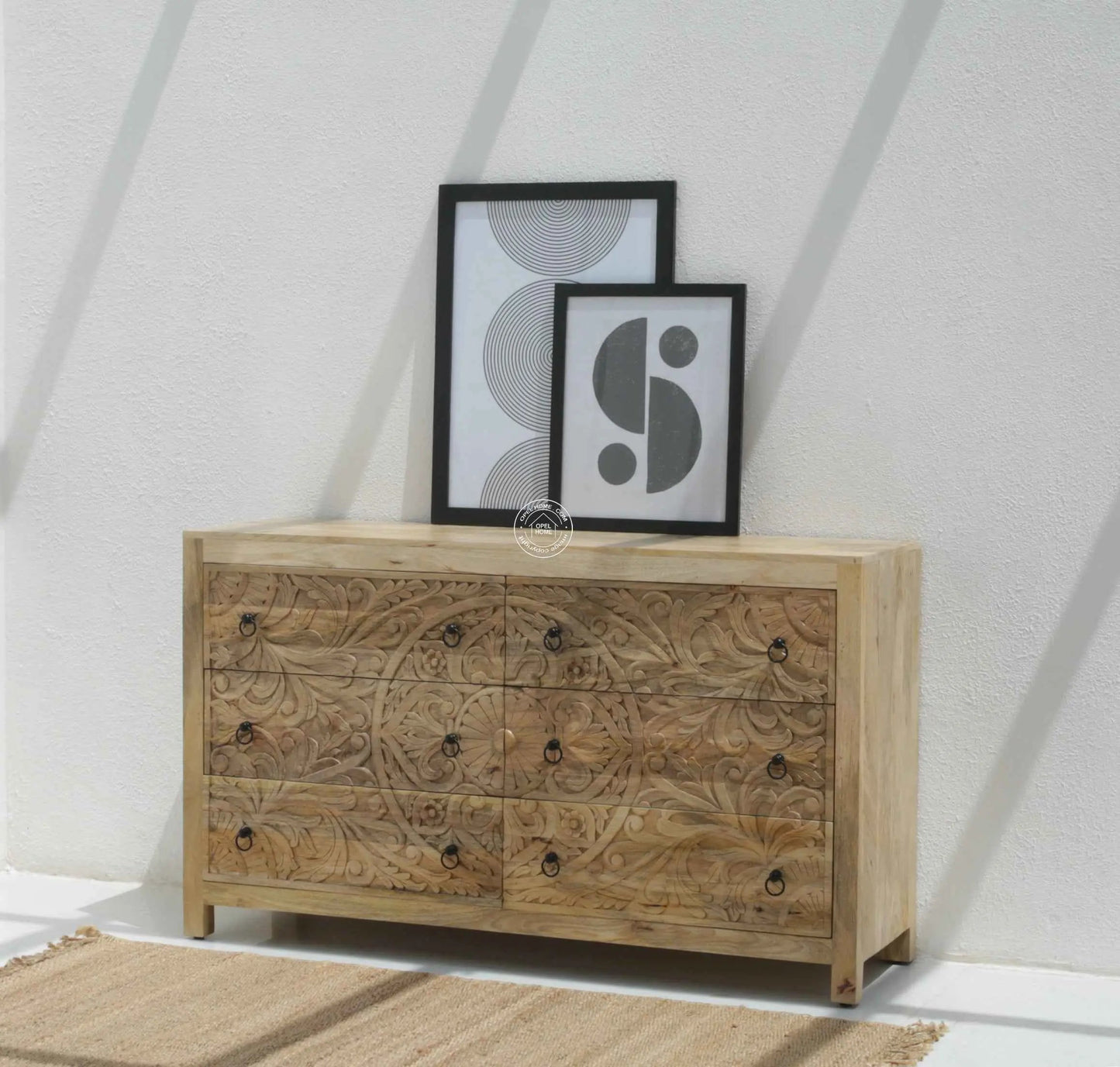 Caramount Wooden Carved Chest of Drawers – Solid Mango Wood, Natural Finish | Opelhome UAE