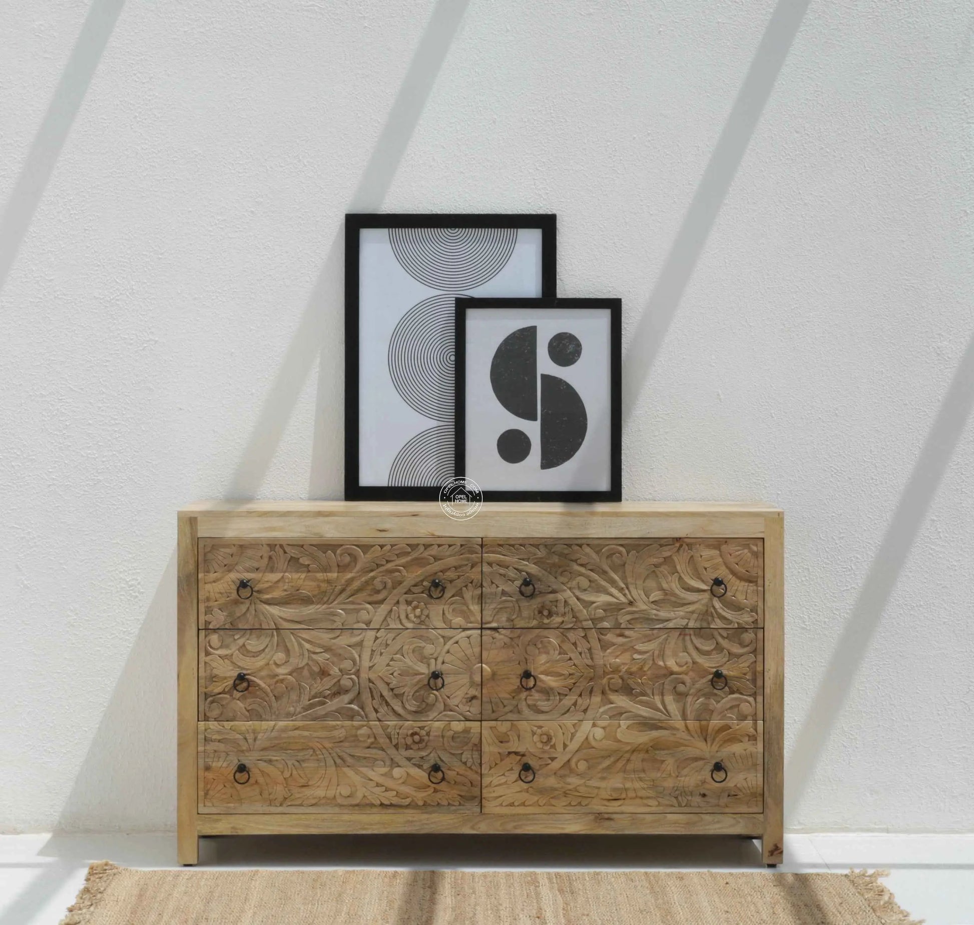 Caramount Wooden Carved Chest of Drawers – Solid Mango Wood, Natural Finish | Opelhome UAE