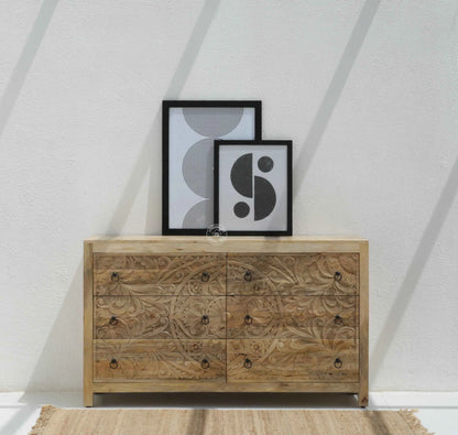 Caramount Wooden Carved Chest of Drawers – Solid Mango Wood, Natural Finish | Opelhome UAE