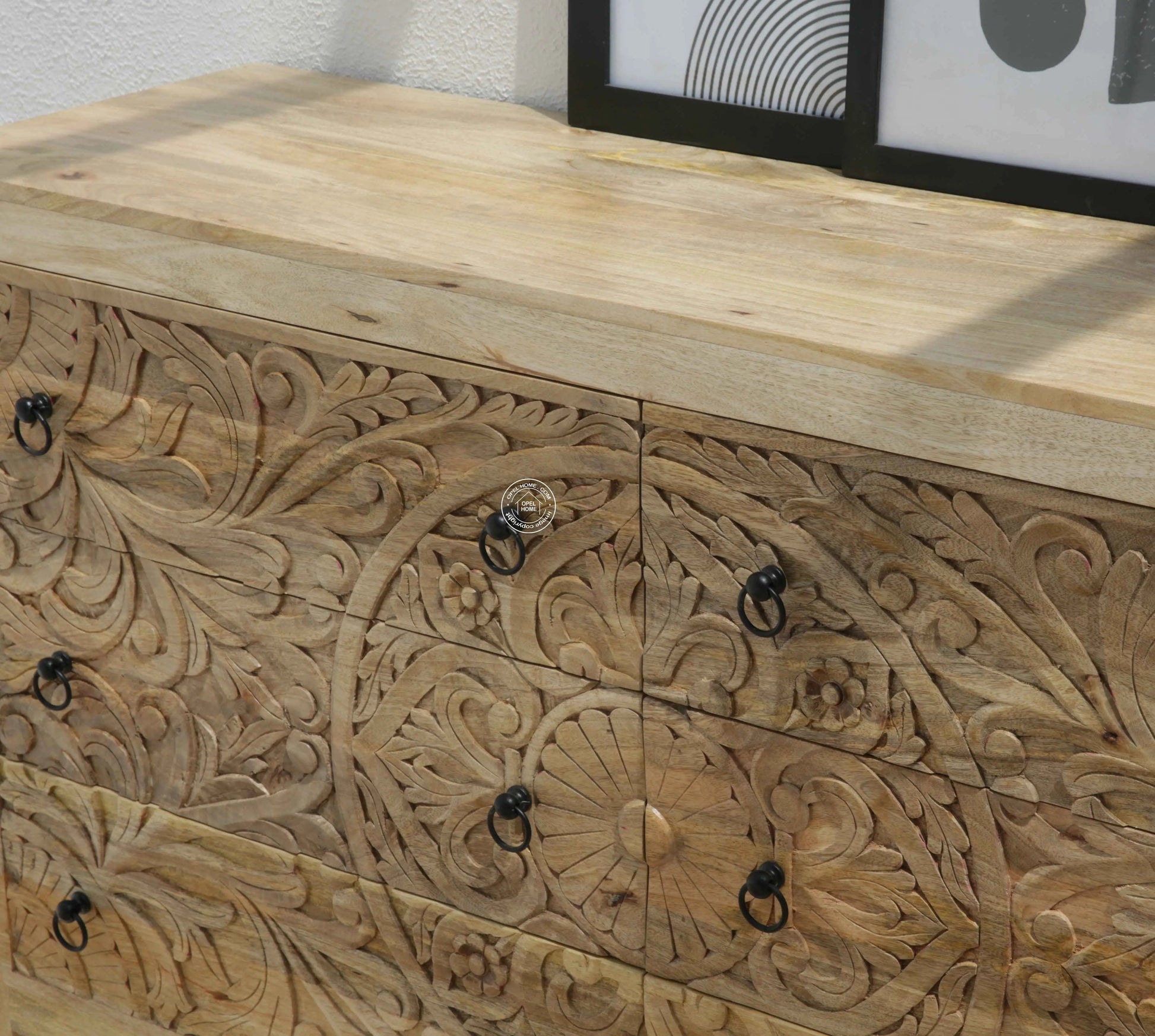 Caramount Wooden Carved Chest of Drawers – Solid Mango Wood, Natural Finish | Opelhome UAE