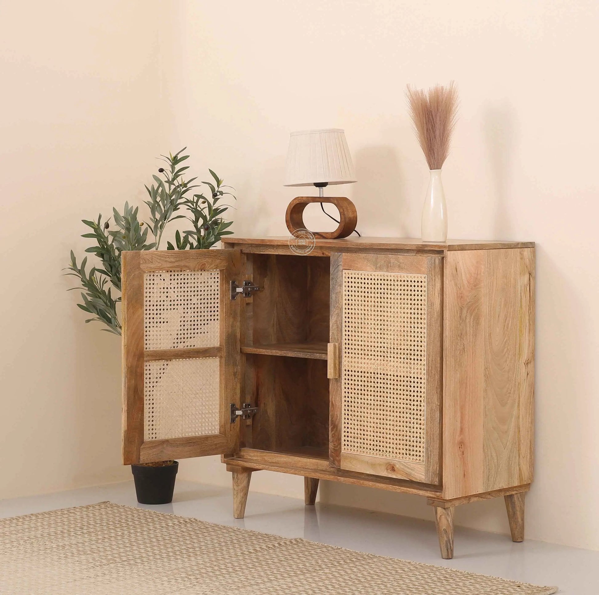 Carol Rattan Cabinet – 2 Doors, Solid Mango Wood, Natural Finish | Opelhome UAE