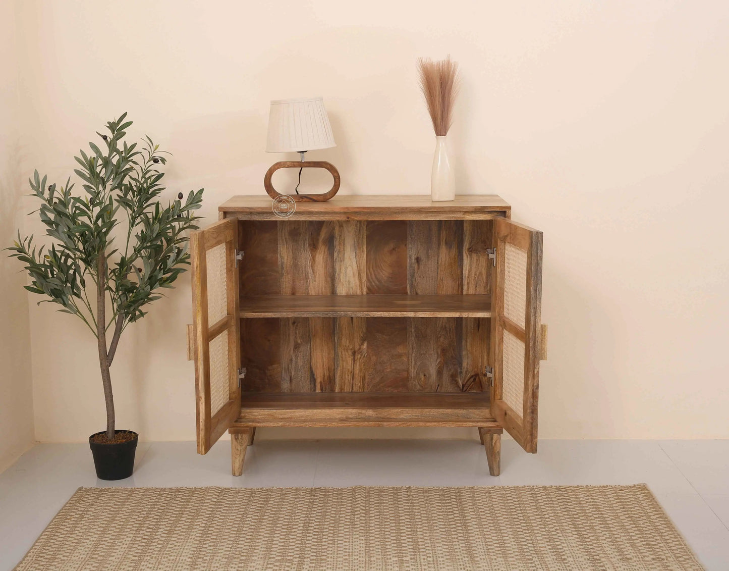 Carol Rattan Cabinet – 2 Doors, Solid Mango Wood, Natural Finish | Opelhome UAE