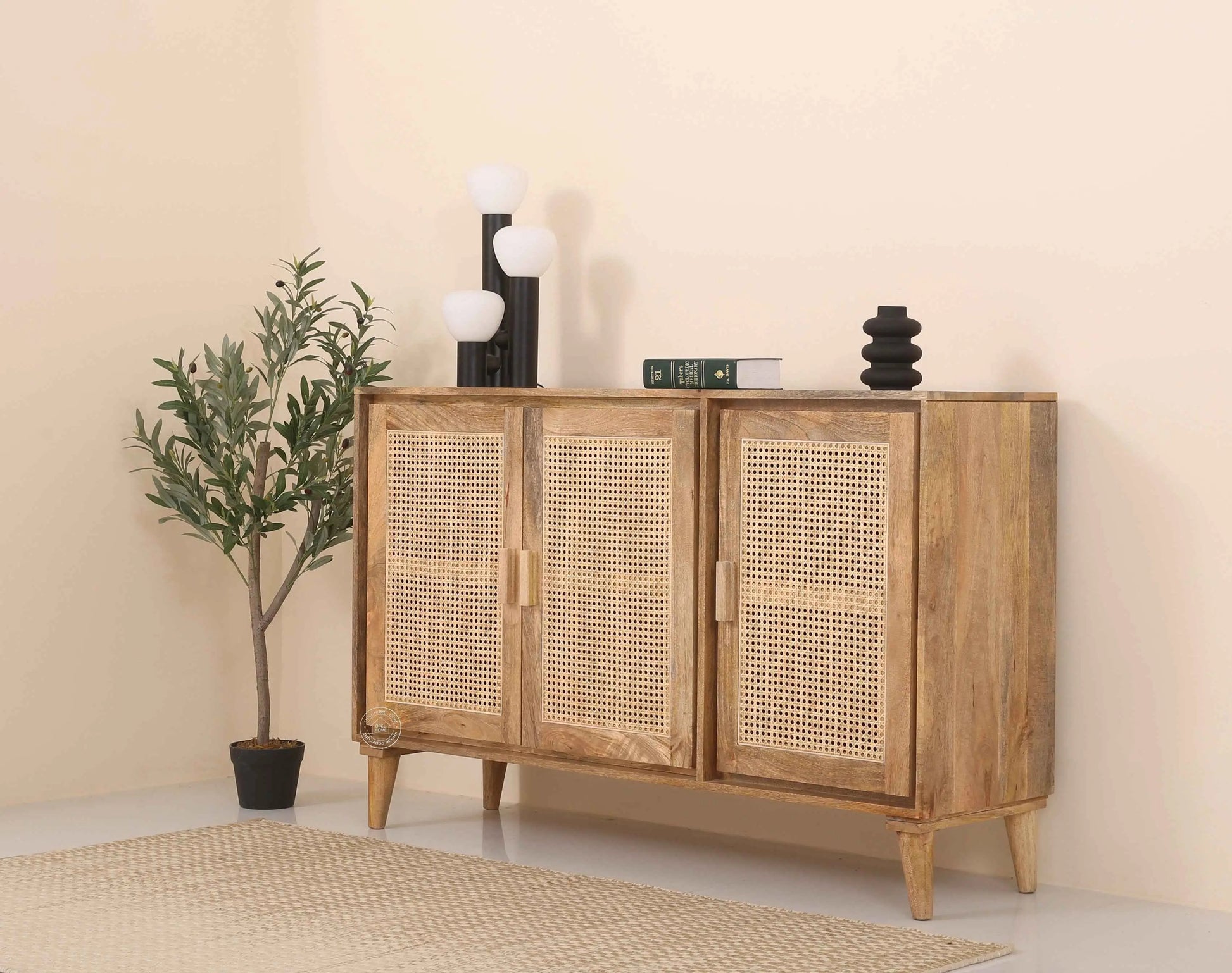 Carol Rattan Sideboard – 3 Doors, Solid Mango Wood, Natural Finish | Opelhome UAE