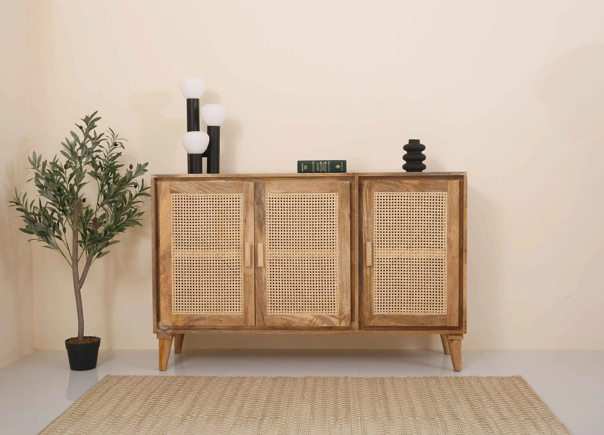 Carol Rattan Sideboard – 3 Doors, Solid Mango Wood, Natural Finish | Opelhome UAE